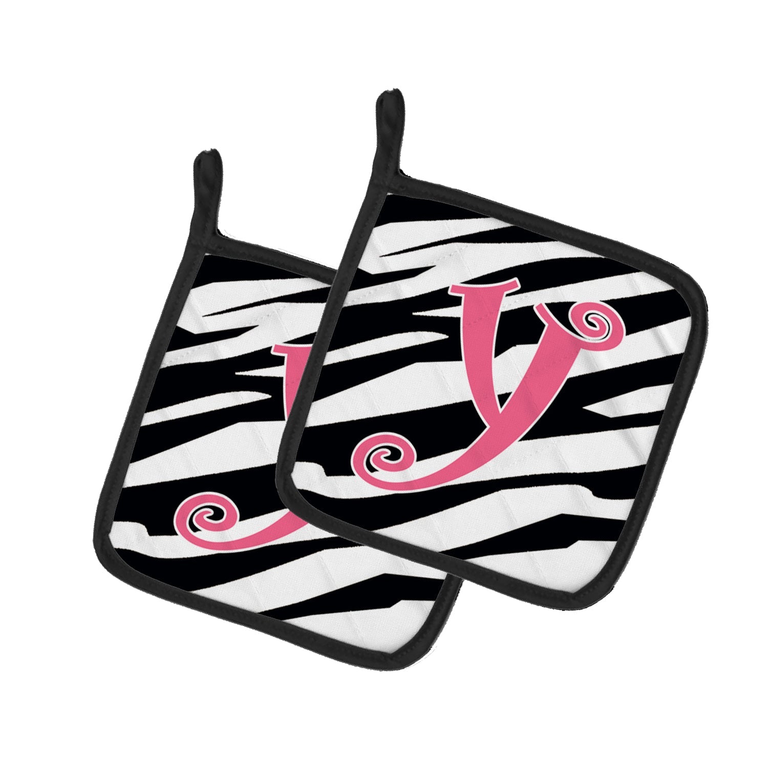 Letter Y Initial  Zebra Stripe and Pink Pot Holder Set of 2 Heat Resistant Quilted Hot Pads 7.5 x 7.5 Inch, Insulated Kitchen Trivets for Cooking & Baking