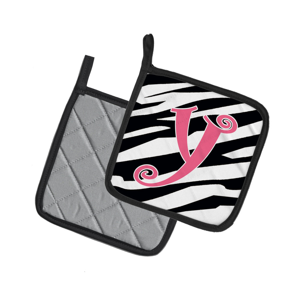Letter Y Initial  Zebra Stripe and Pink Pot Holder Set of 2 Heat Resistant Quilted Hot Pads 7.5 x 7.5 Inch, Insulated Kitchen Trivets for Cooking & Baking