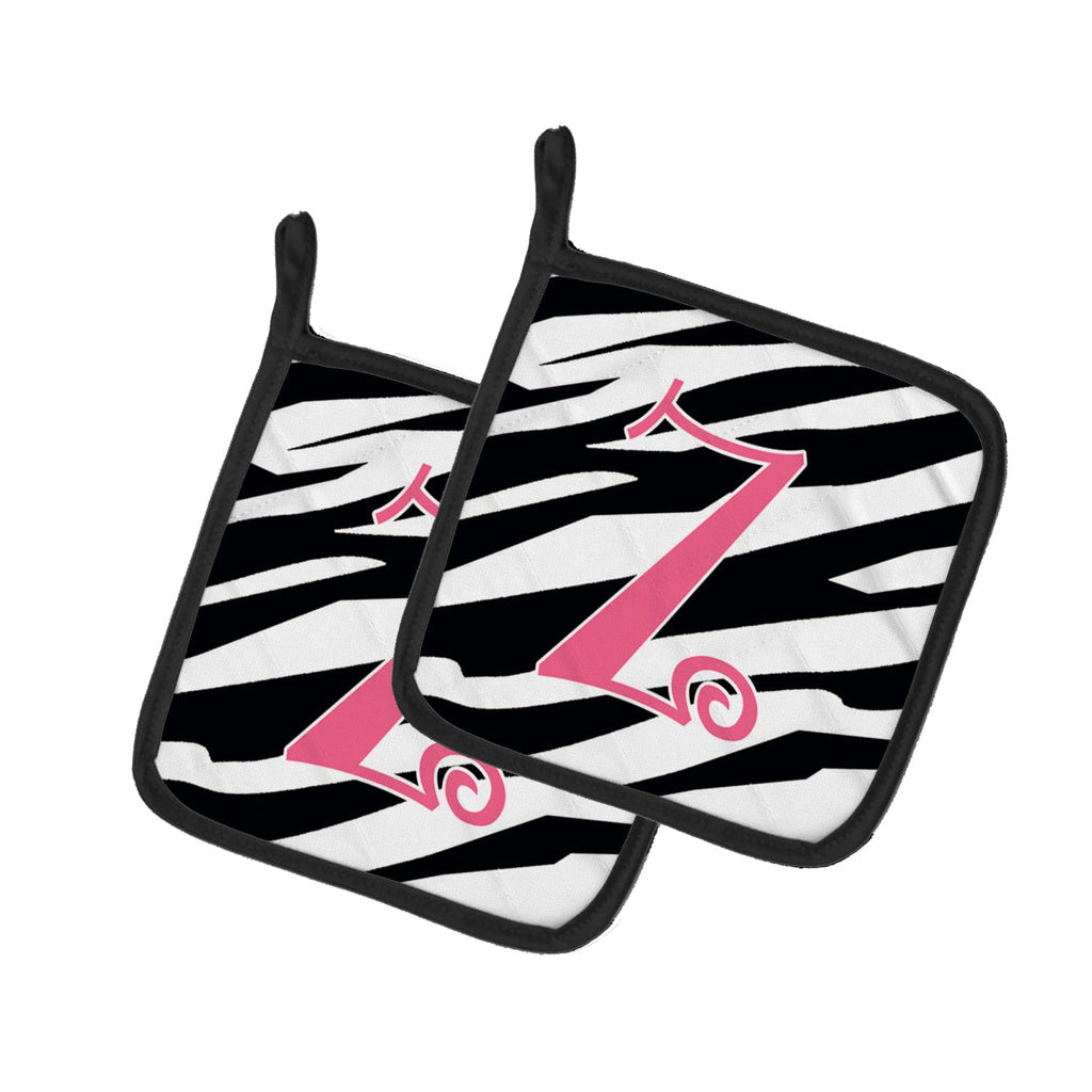 Letter Z Initial  Zebra Stripe and Pink Pot Holder Set of 2 Heat Resistant Quilted Hot Pads 7.5 x 7.5 Inch, Insulated Kitchen Trivets for Cooking & Baking