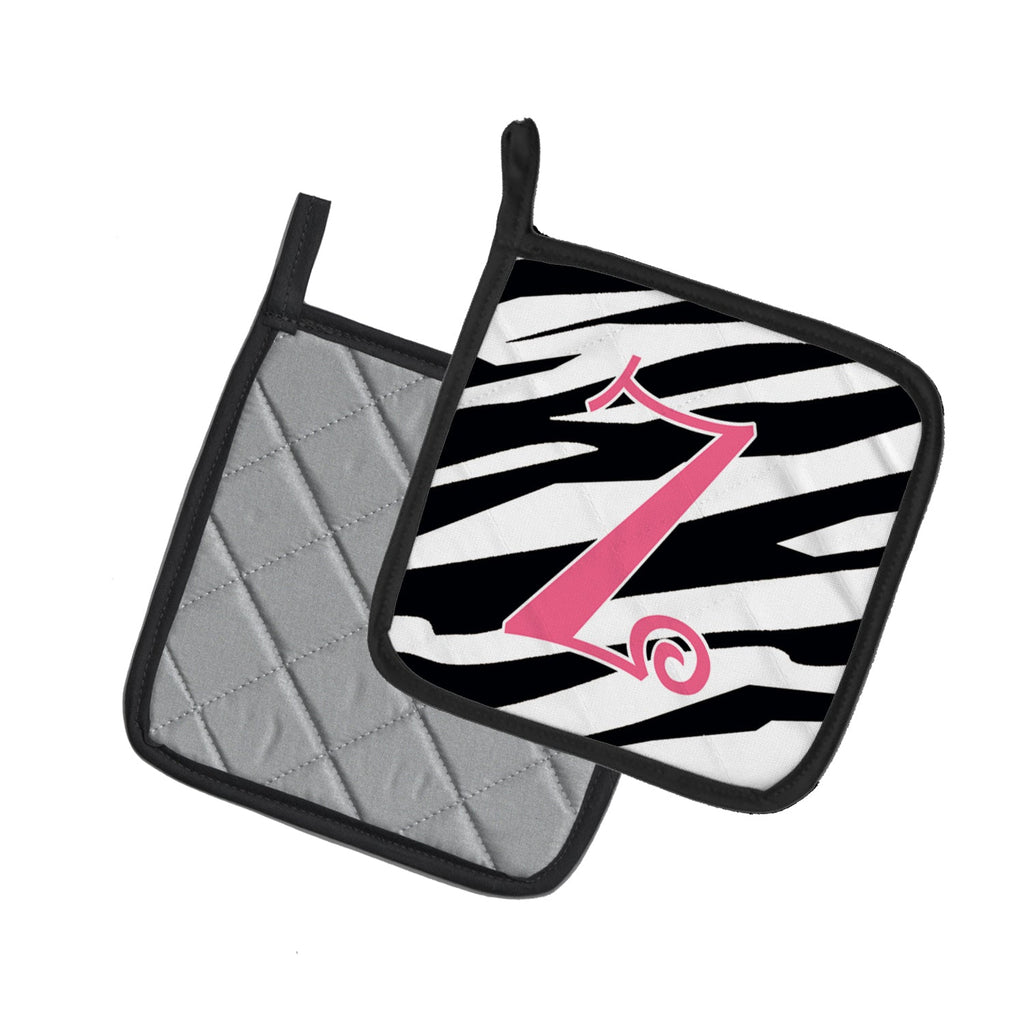 Letter Z Initial  Zebra Stripe and Pink Pot Holder Set of 2 Heat Resistant Quilted Hot Pads 7.5 x 7.5 Inch, Insulated Kitchen Trivets for Cooking & Baking