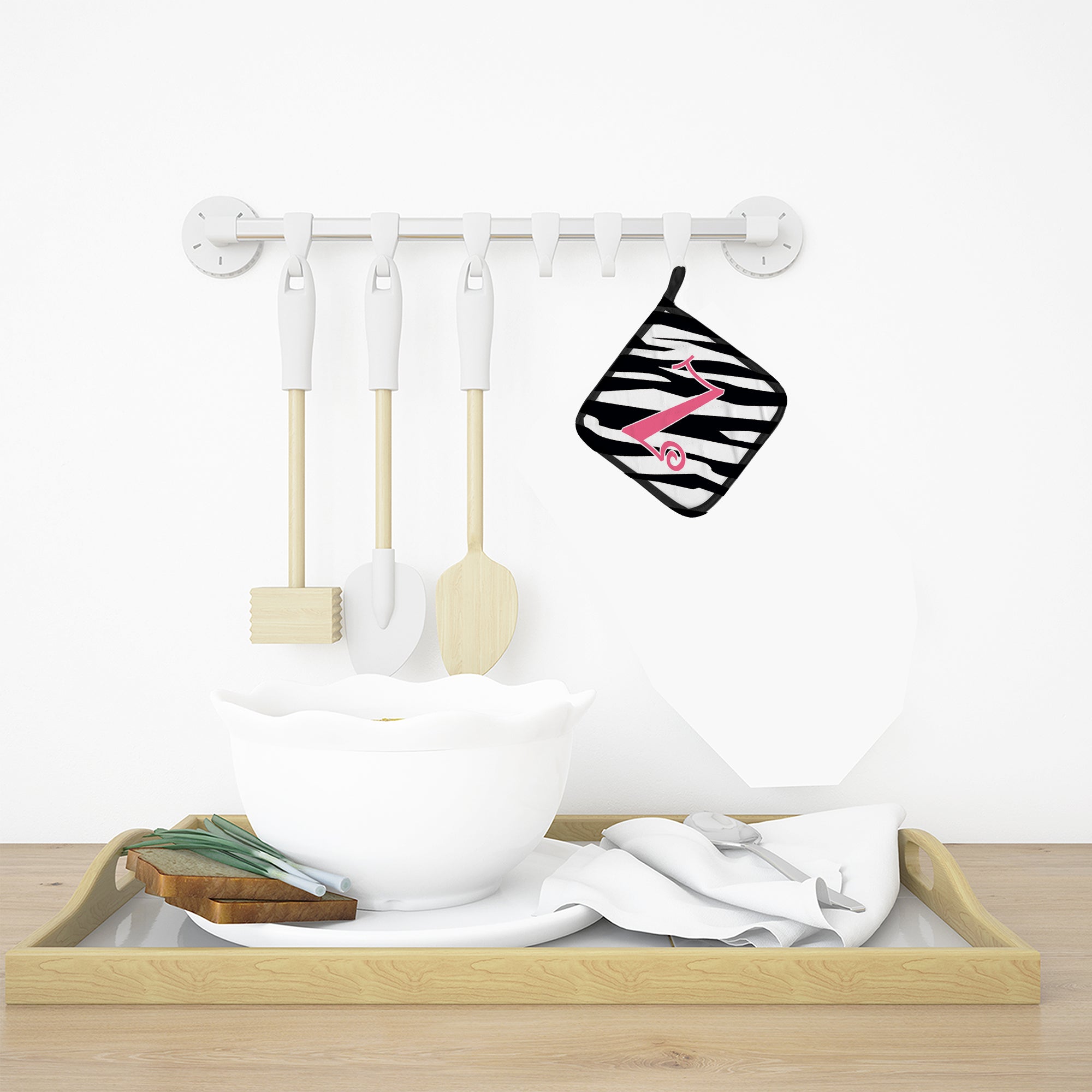 Letter Z Initial  Zebra Stripe and Pink Pot Holder Set of 2 Heat Resistant Quilted Hot Pads 7.5 x 7.5 Inch, Insulated Kitchen Trivets for Cooking & Baking
