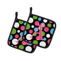Letter A Monogram - Polkadots and Pink Pot Holder Set of 2 Heat Resistant Quilted Hot Pads 7.5 x 7.5 Inch, Insulated Kitchen Trivets for Cooking & Baking