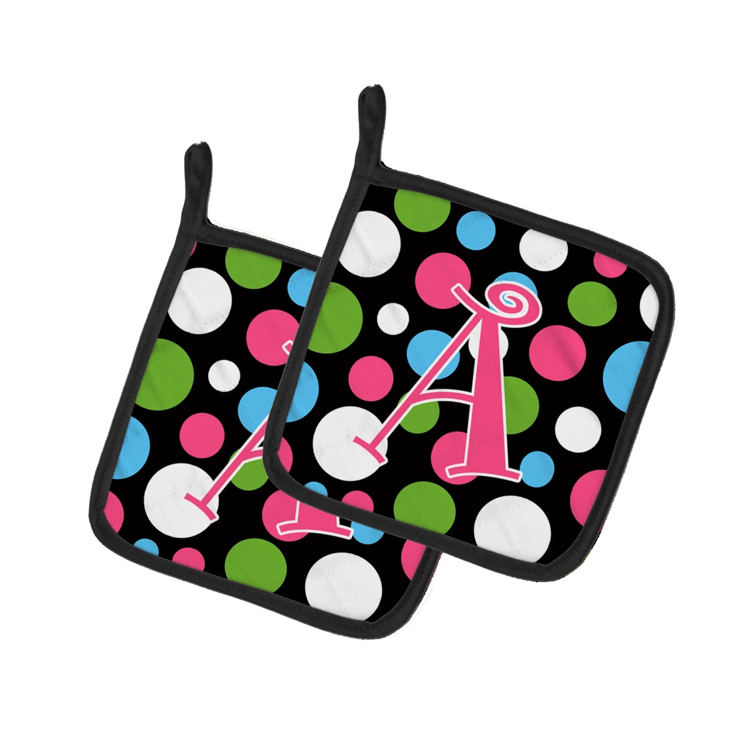 Letter A Monogram - Polkadots and Pink Pot Holder Set of 2 Heat Resistant Quilted Hot Pads 7.5 x 7.5 Inch, Insulated Kitchen Trivets for Cooking & Baking