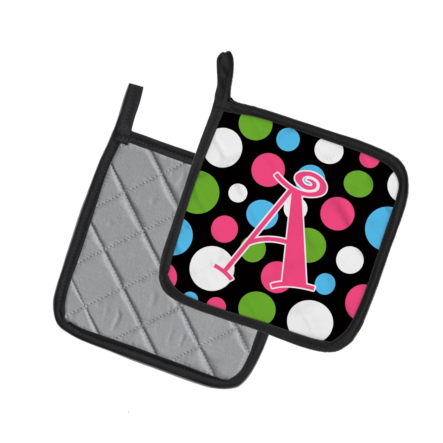 Letter A Monogram - Polkadots and Pink Pot Holder Set of 2 Heat Resistant Quilted Hot Pads 7.5 x 7.5 Inch, Insulated Kitchen Trivets for Cooking & Baking