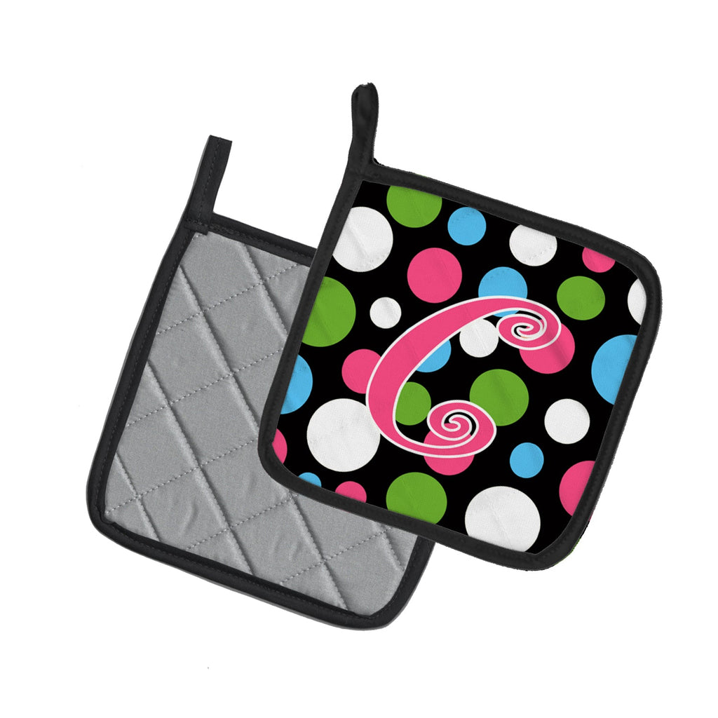Letter C Initial Monogram - Polkadots and Pink Pot Holder Set of 2 Heat Resistant Quilted Hot Pads 7.5 x 7.5 Inch, Insulated Kitchen Trivets for Cooking & Baking
