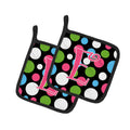 Letter E Initial Monogram - Polkadots and Pink Pot Holder Set of 2 Heat Resistant Quilted Hot Pads 7.5 x 7.5 Inch, Insulated Kitchen Trivets for Cooking & Baking