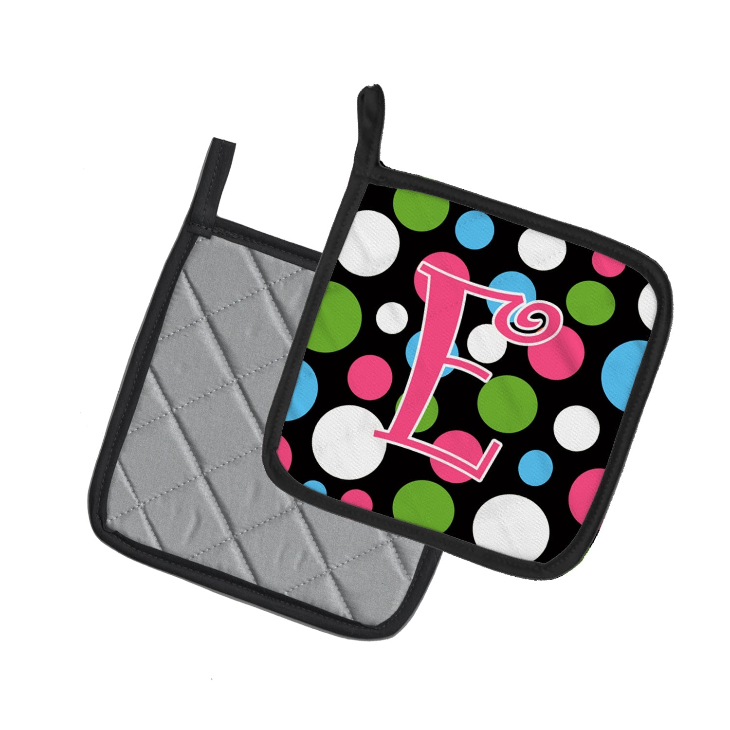 Letter E Initial Monogram - Polkadots and Pink Pot Holder Set of 2 Heat Resistant Quilted Hot Pads 7.5 x 7.5 Inch, Insulated Kitchen Trivets for Cooking & Baking
