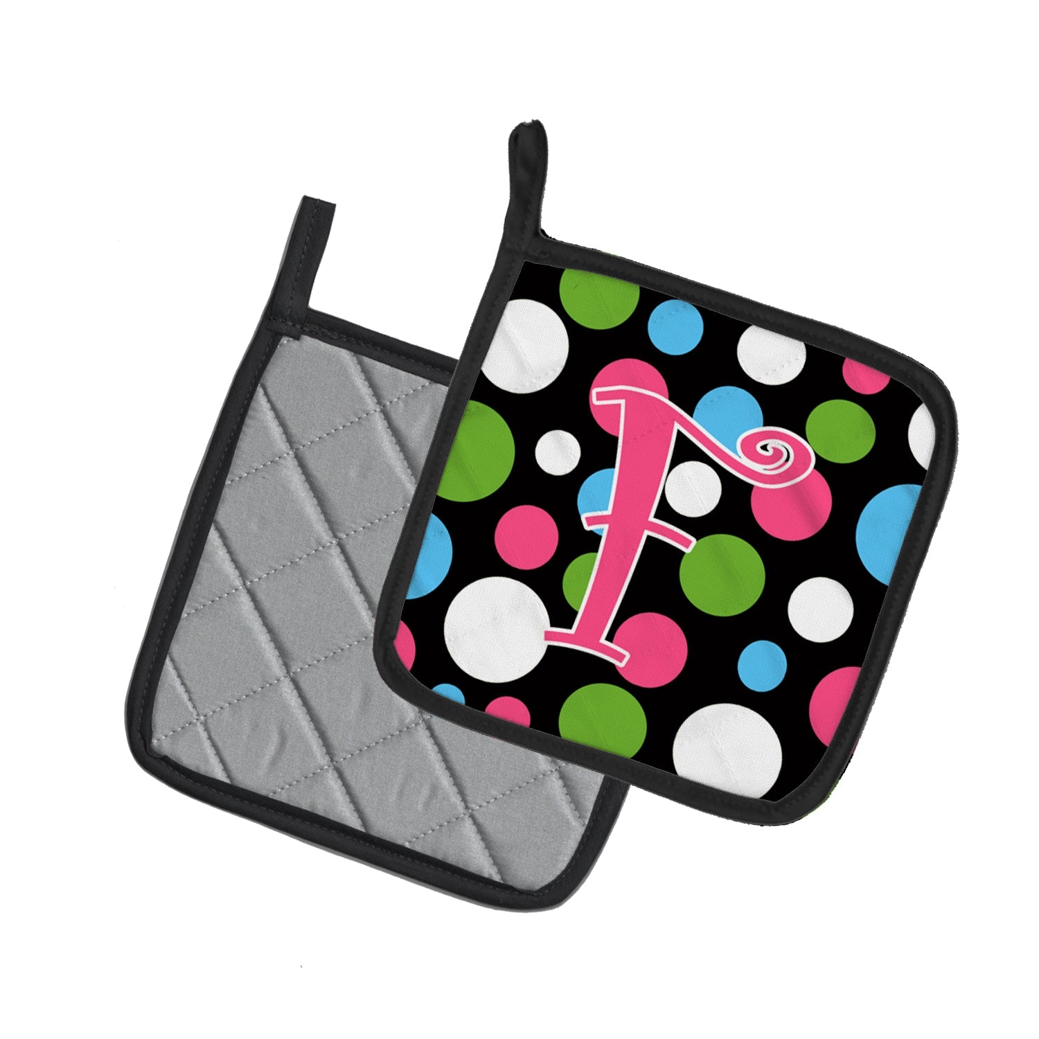 Letter F Initial Monogram - Polkadots and Pink Pot Holder Set of 2 Heat Resistant Quilted Hot Pads 7.5 x 7.5 Inch, Insulated Kitchen Trivets for Cooking & Baking