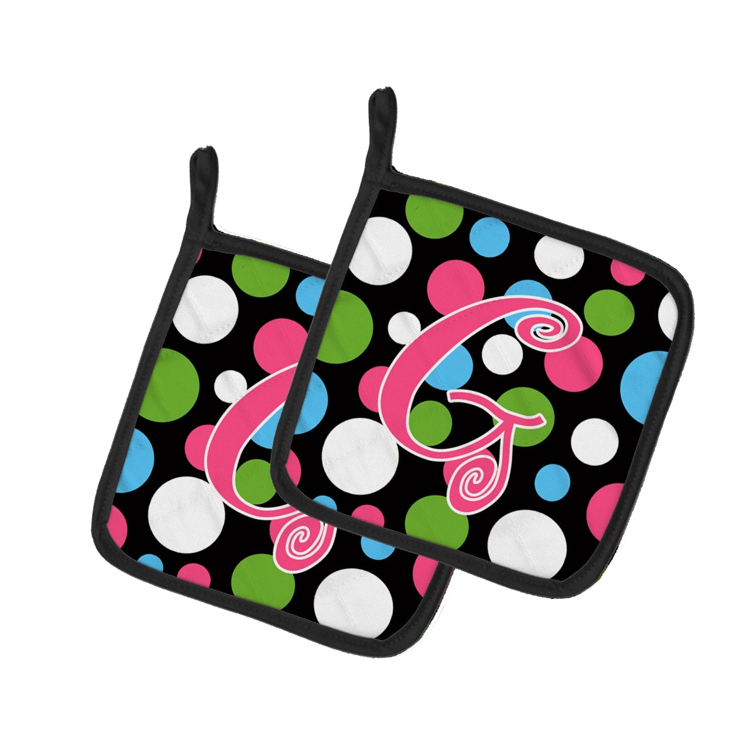 Letter G Initial Monogram - Polkadots and Pink Pot Holder Set of 2 Heat Resistant Quilted Hot Pads 7.5 x 7.5 Inch, Insulated Kitchen Trivets for Cooking & Baking
