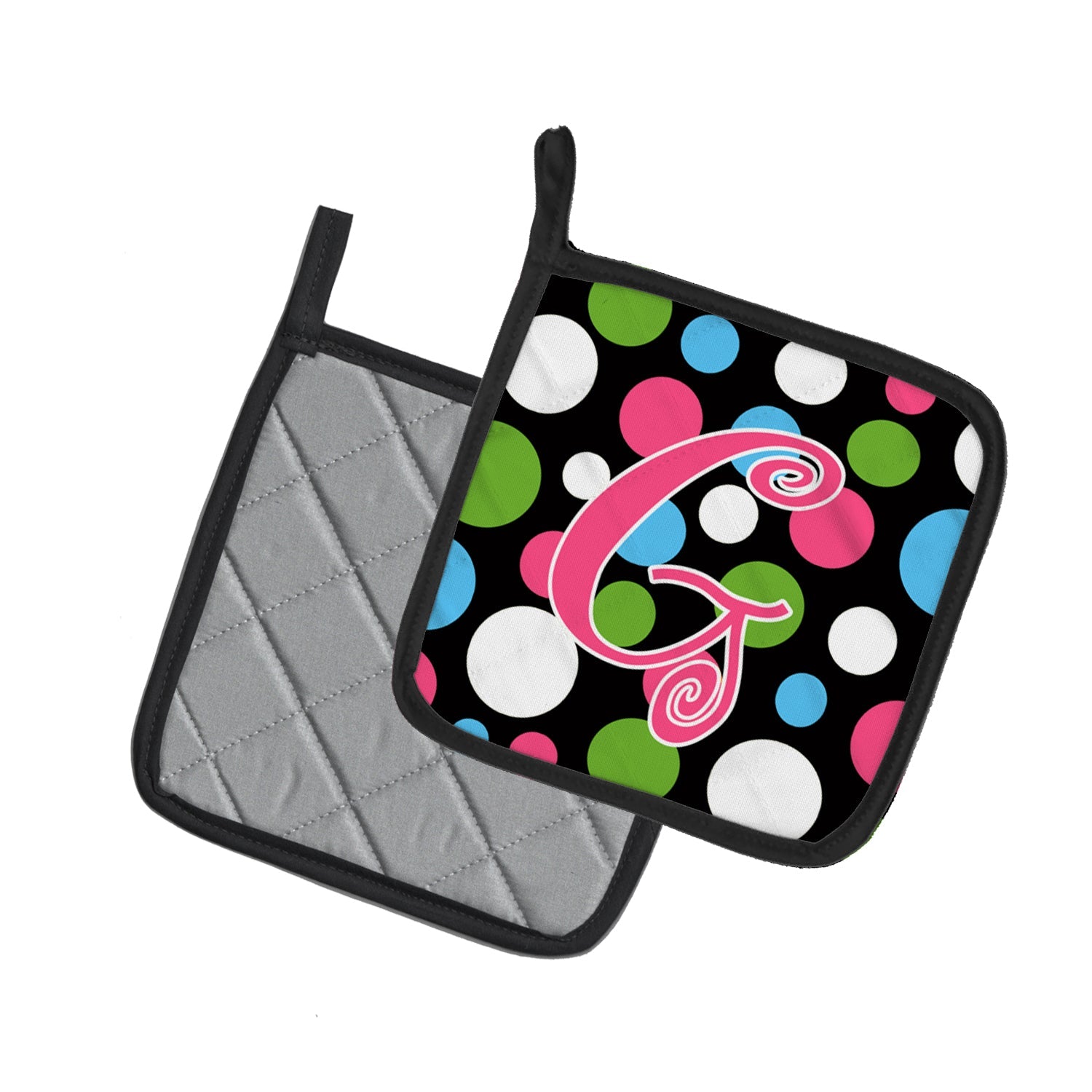 Letter G Initial Monogram - Polkadots and Pink Pot Holder Set of 2 Heat Resistant Quilted Hot Pads 7.5 x 7.5 Inch, Insulated Kitchen Trivets for Cooking & Baking