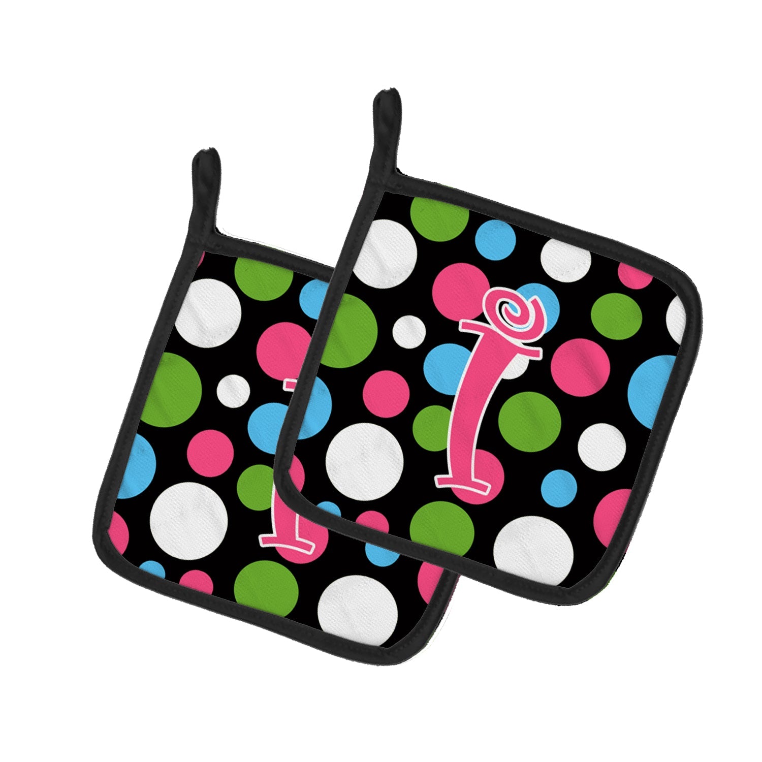 Letter I Initial Monogram - Polkadots and Pink Pot Holder Set of 2 Heat Resistant Quilted Hot Pads 7.5 x 7.5 Inch, Insulated Kitchen Trivets for Cooking & Baking