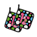 Letter K Initial Monogram - Polkadots and Pink Pot Holder Set of 2 Heat Resistant Quilted Hot Pads 7.5 x 7.5 Inch, Insulated Kitchen Trivets for Cooking & Baking