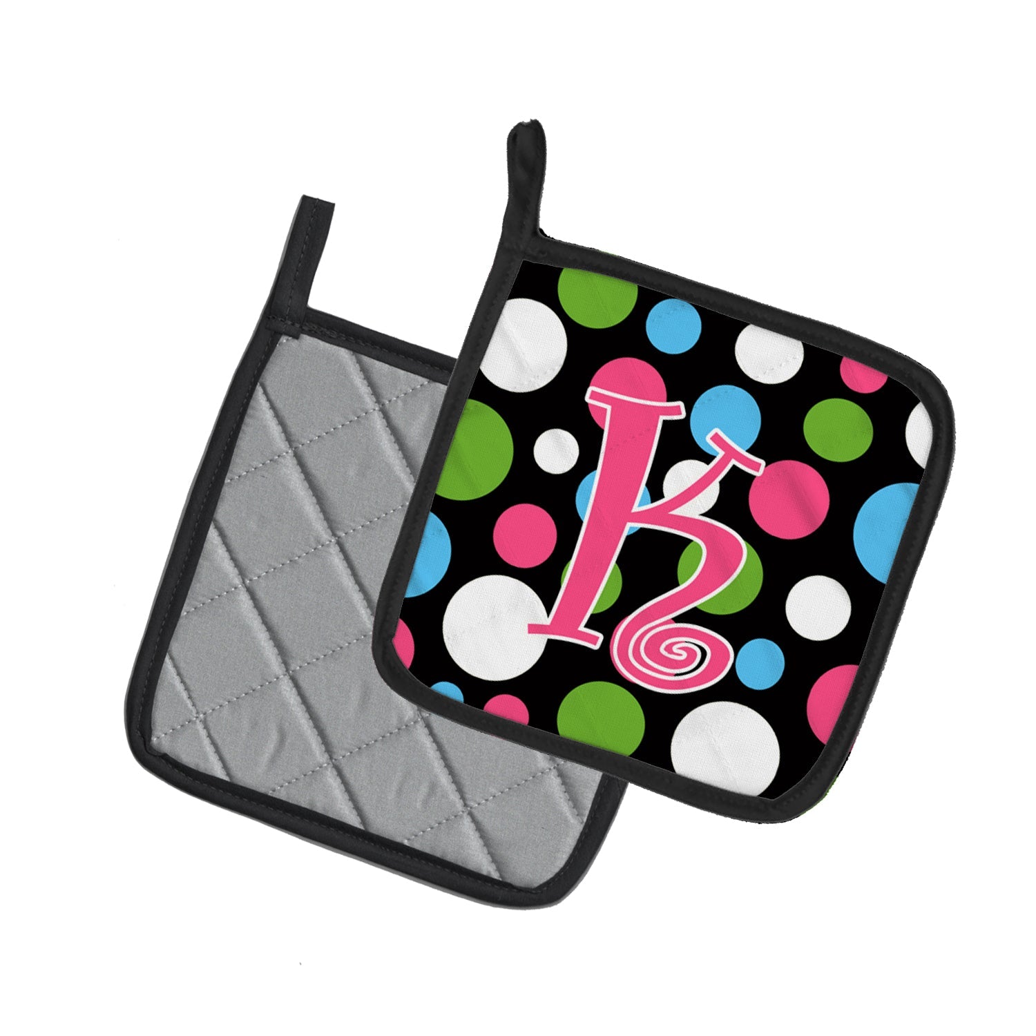 Letter K Initial Monogram - Polkadots and Pink Pot Holder Set of 2 Heat Resistant Quilted Hot Pads 7.5 x 7.5 Inch, Insulated Kitchen Trivets for Cooking & Baking