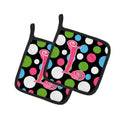 Letter L Initial Monogram - Polkadots and Pink Pot Holder Set of 2 Heat Resistant Quilted Hot Pads 7.5 x 7.5 Inch, Insulated Kitchen Trivets for Cooking & Baking