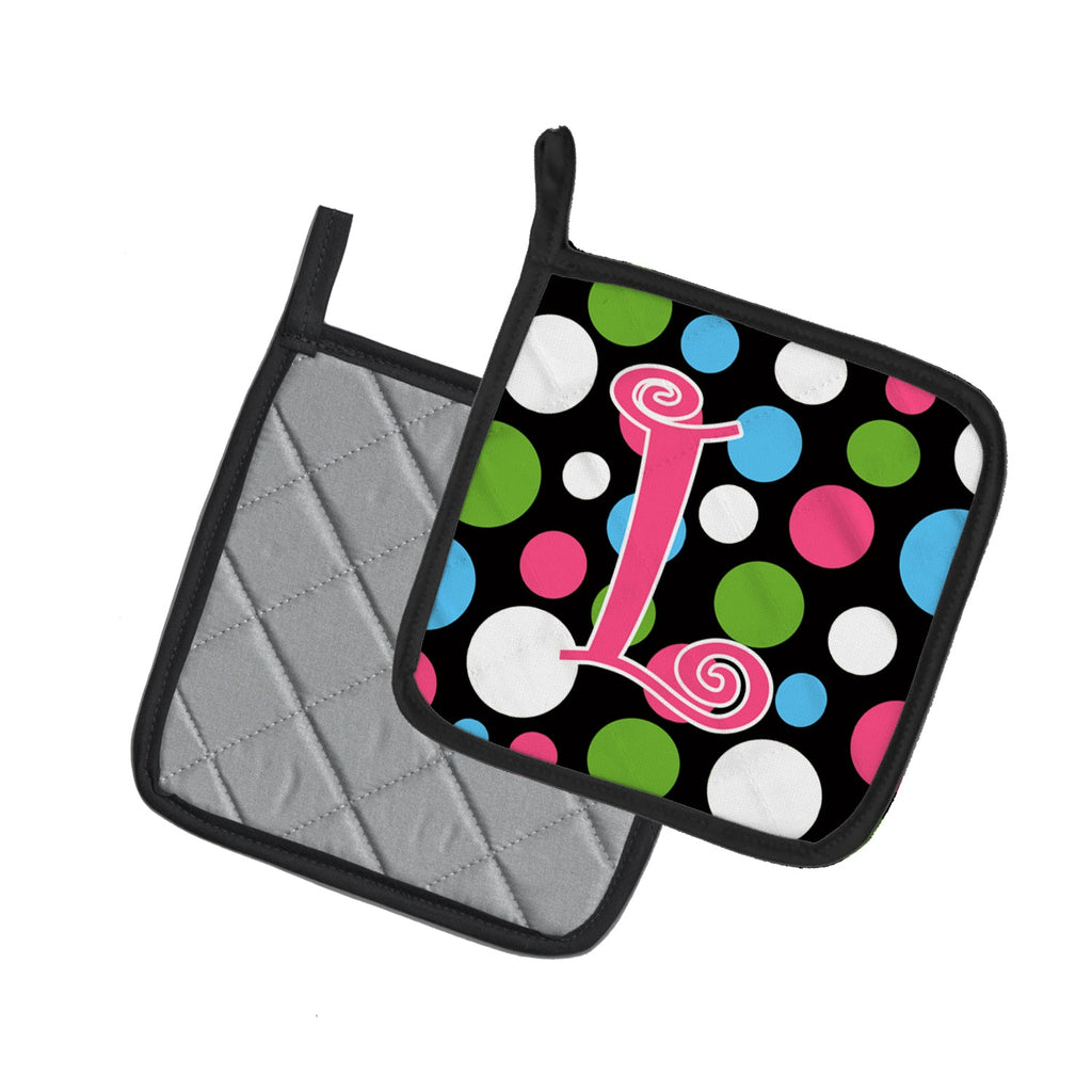Letter L Initial Monogram - Polkadots and Pink Pot Holder Set of 2 Heat Resistant Quilted Hot Pads 7.5 x 7.5 Inch, Insulated Kitchen Trivets for Cooking & Baking