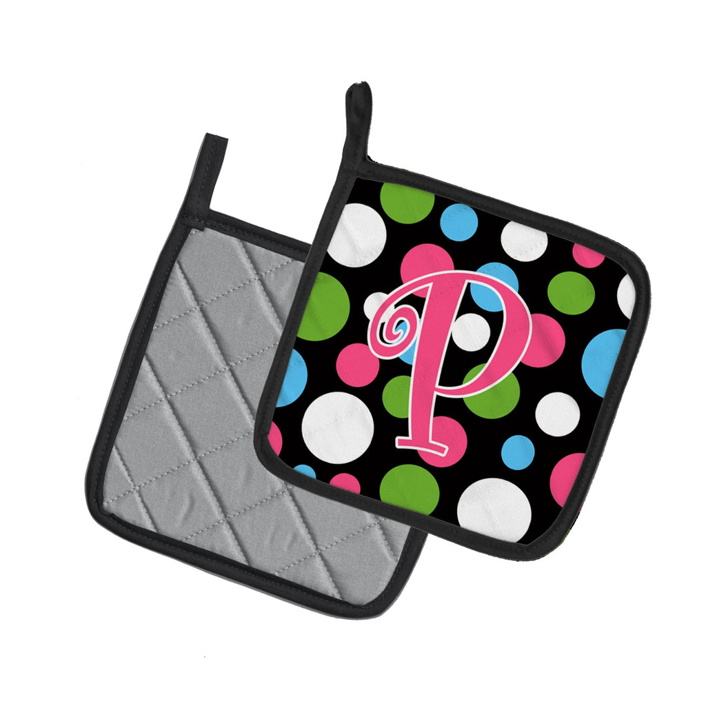 Letter P Initial Monogram - Polkadots and Pink Pot Holder Set of 2 Heat Resistant Quilted Hot Pads 7.5 x 7.5 Inch, Insulated Kitchen Trivets for Cooking & Baking