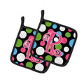 Letter R Initial Monogram - Polkadots and Pink Pot Holder Set of 2 Heat Resistant Quilted Hot Pads 7.5 x 7.5 Inch, Insulated Kitchen Trivets for Cooking & Baking