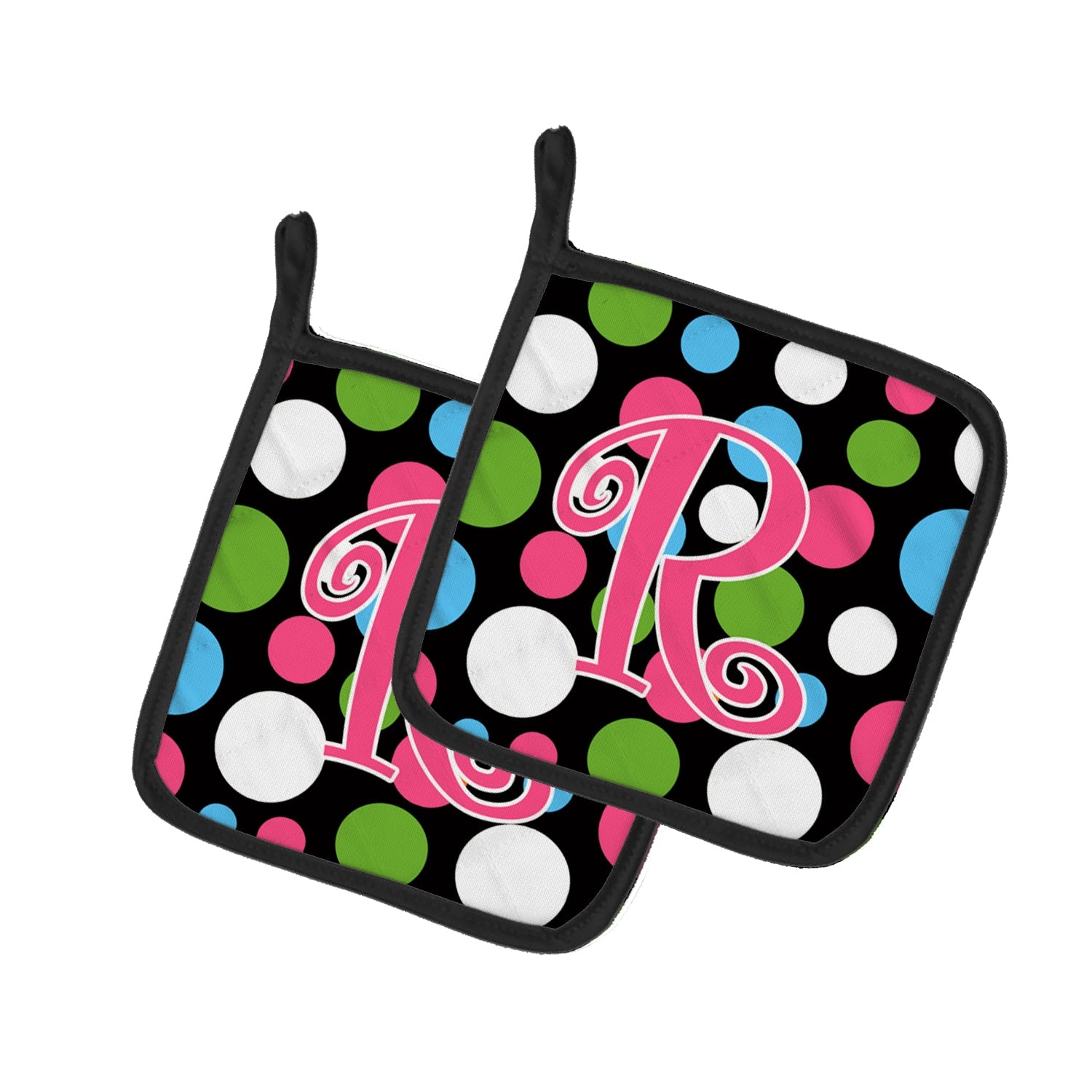 Letter R Initial Monogram - Polkadots and Pink Pot Holder Set of 2 Heat Resistant Quilted Hot Pads 7.5 x 7.5 Inch, Insulated Kitchen Trivets for Cooking & Baking