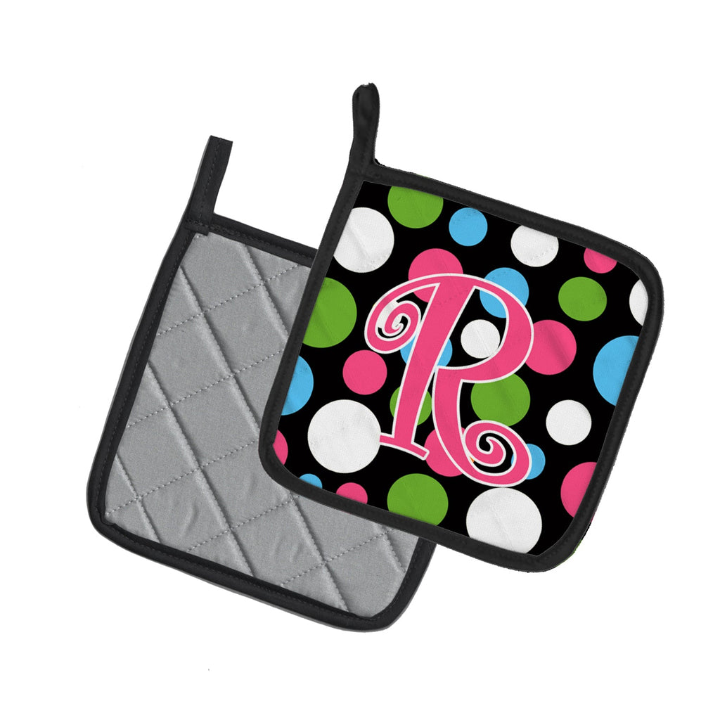 Letter R Initial Monogram - Polkadots and Pink Pot Holder Set of 2 Heat Resistant Quilted Hot Pads 7.5 x 7.5 Inch, Insulated Kitchen Trivets for Cooking & Baking