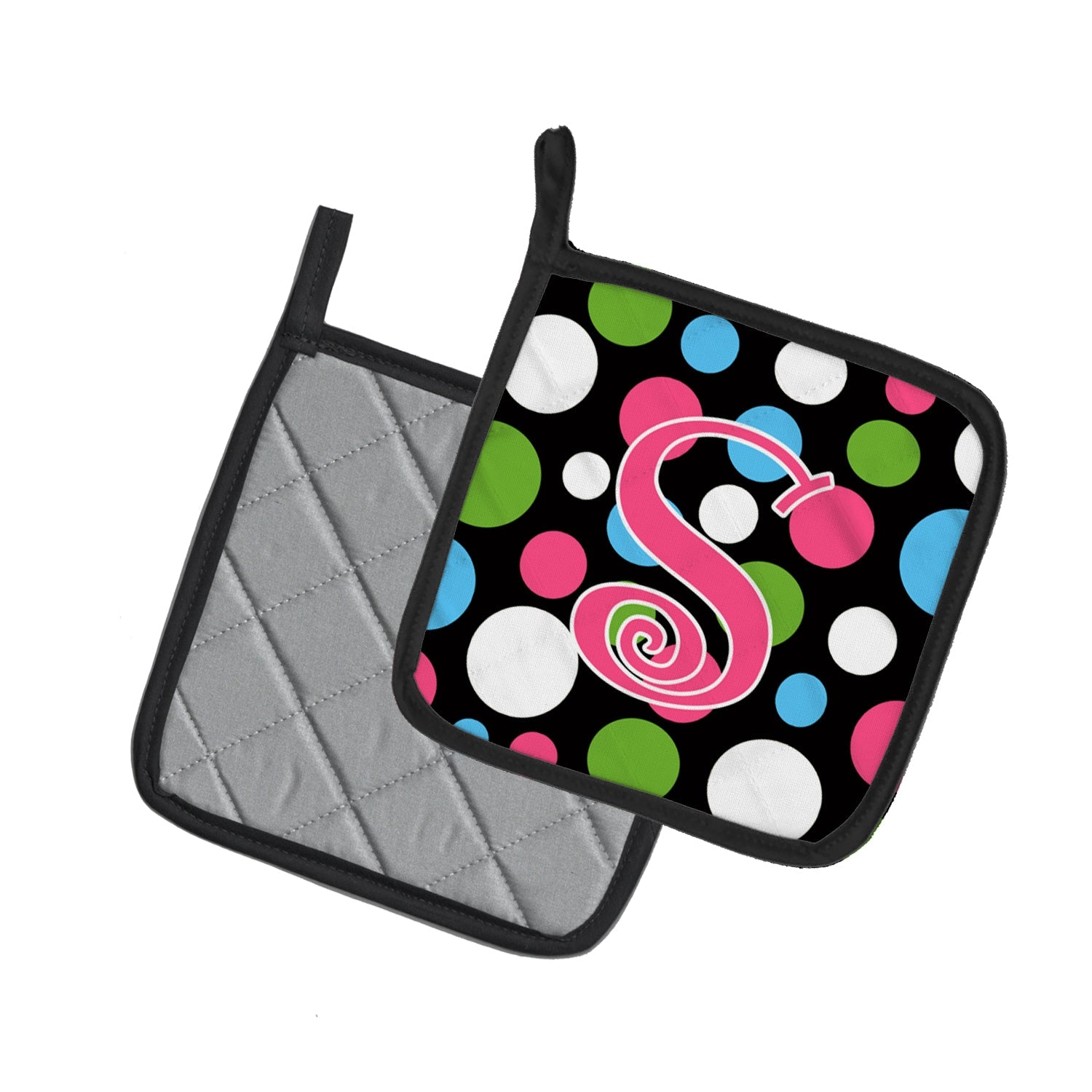 Letter S Initial Monogram - Polkadots and Pink Pot Holder Set of 2 Heat Resistant Quilted Hot Pads 7.5 x 7.5 Inch, Insulated Kitchen Trivets for Cooking & Baking