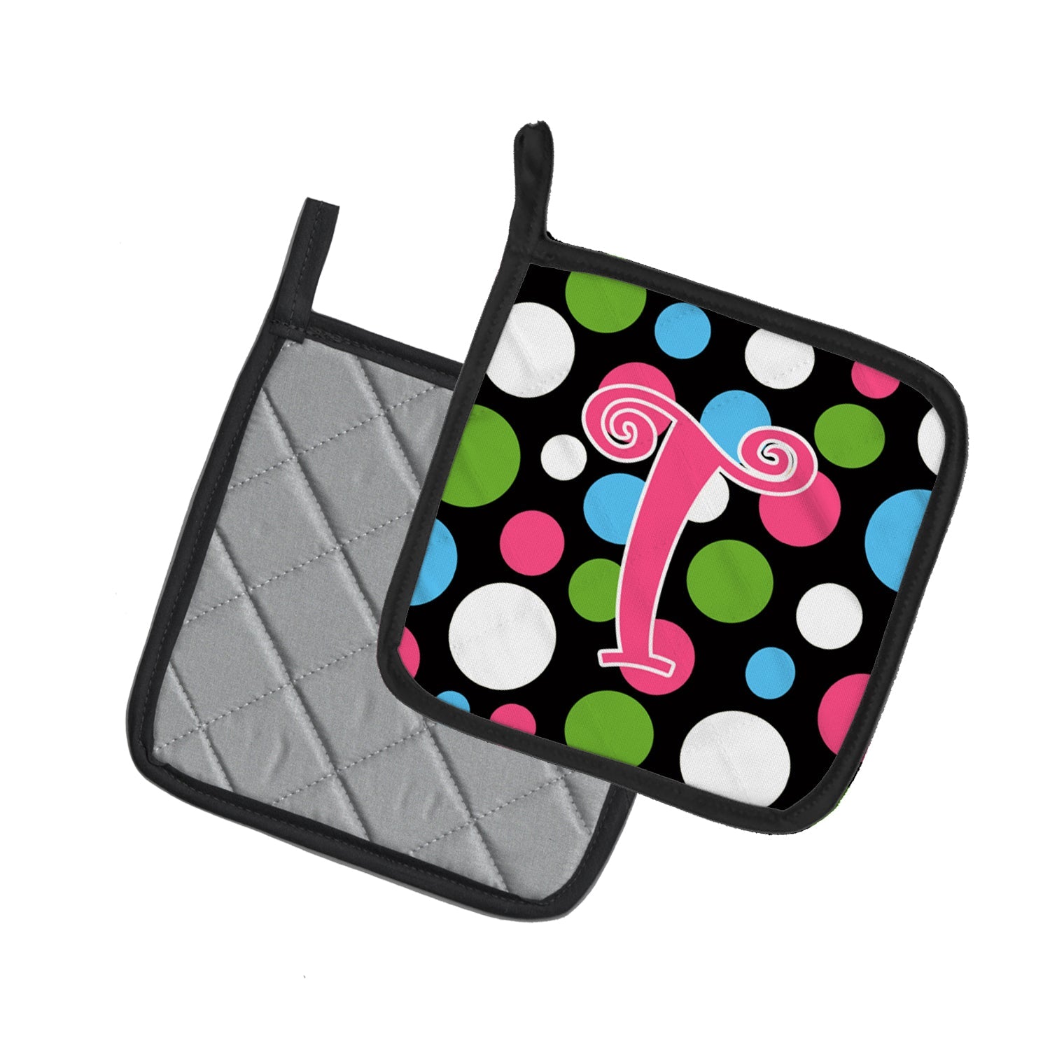 Letter T Initial Monogram - Polkadots and Pink Pot Holder Set of 2 Heat Resistant Quilted Hot Pads 7.5 x 7.5 Inch, Insulated Kitchen Trivets for Cooking & Baking