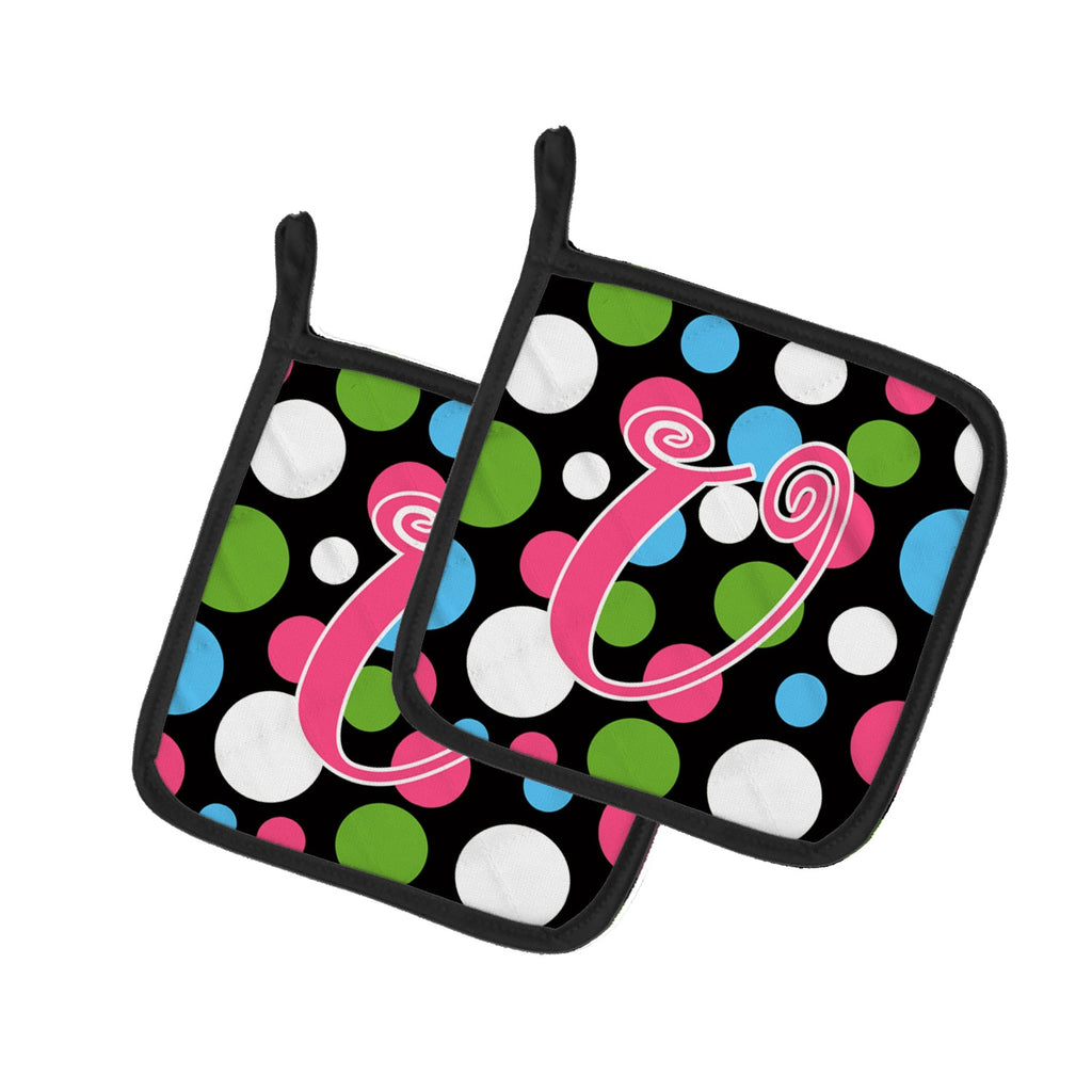 Letter U Initial Monogram - Polkadots and Pink Pot Holder Set of 2 Heat Resistant Quilted Hot Pads 7.5 x 7.5 Inch, Insulated Kitchen Trivets for Cooking & Baking