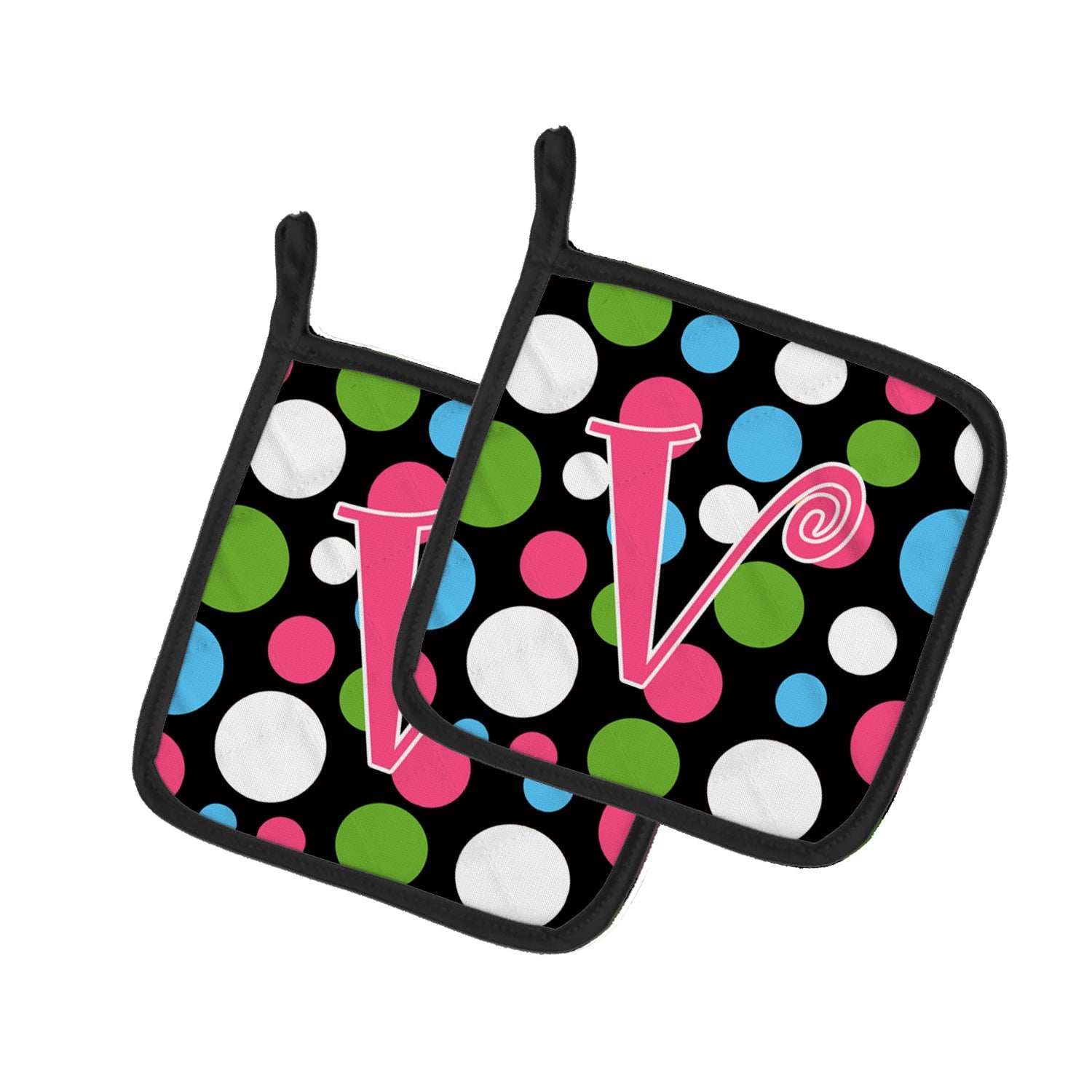 Letter V Initial Monogram - Polkadots and Pink Pot Holder Set of 2 Heat Resistant Quilted Hot Pads 7.5 x 7.5 Inch, Insulated Kitchen Trivets for Cooking & Baking
