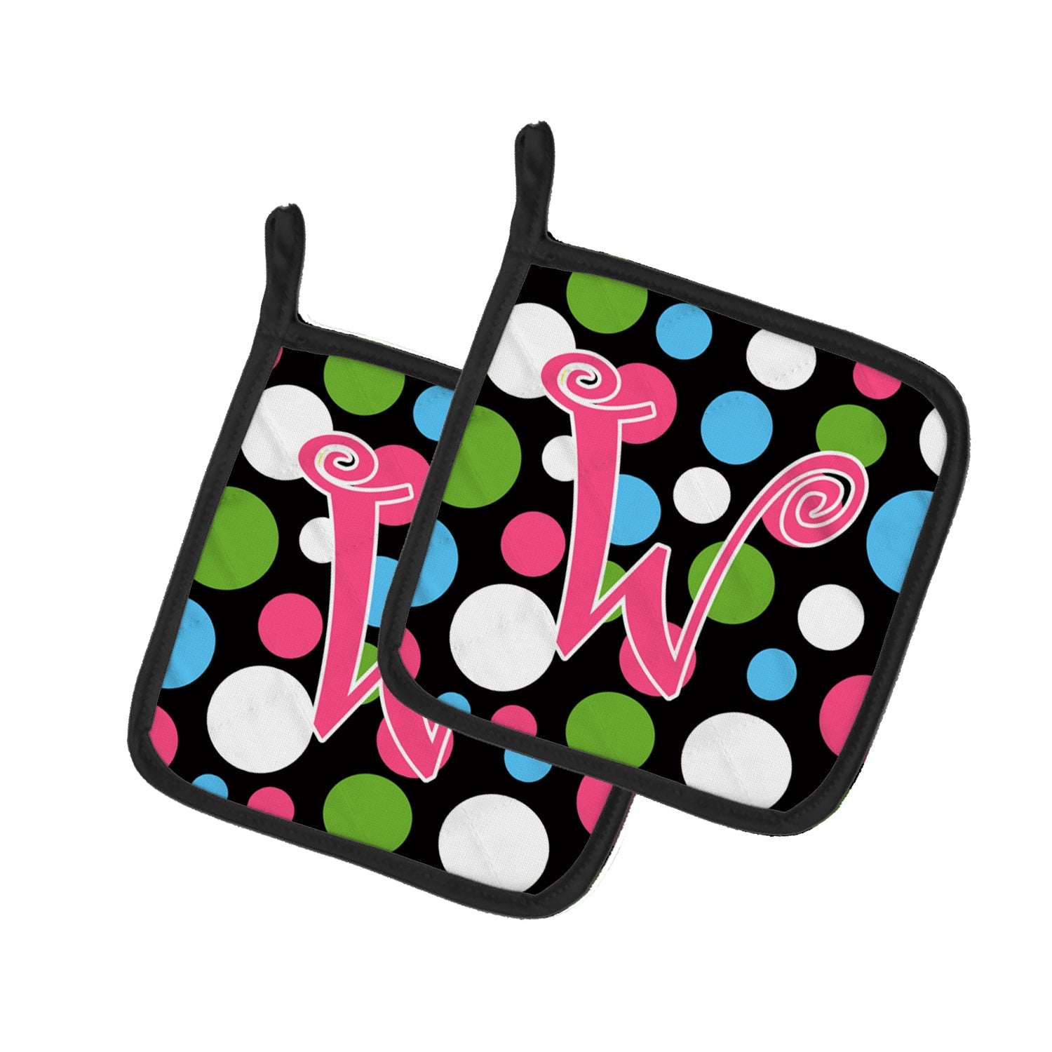 Letter W Initial Monogram - Polkadots and Pink Pot Holder Set of 2 Heat Resistant Quilted Hot Pads 7.5 x 7.5 Inch, Insulated Kitchen Trivets for Cooking & Baking