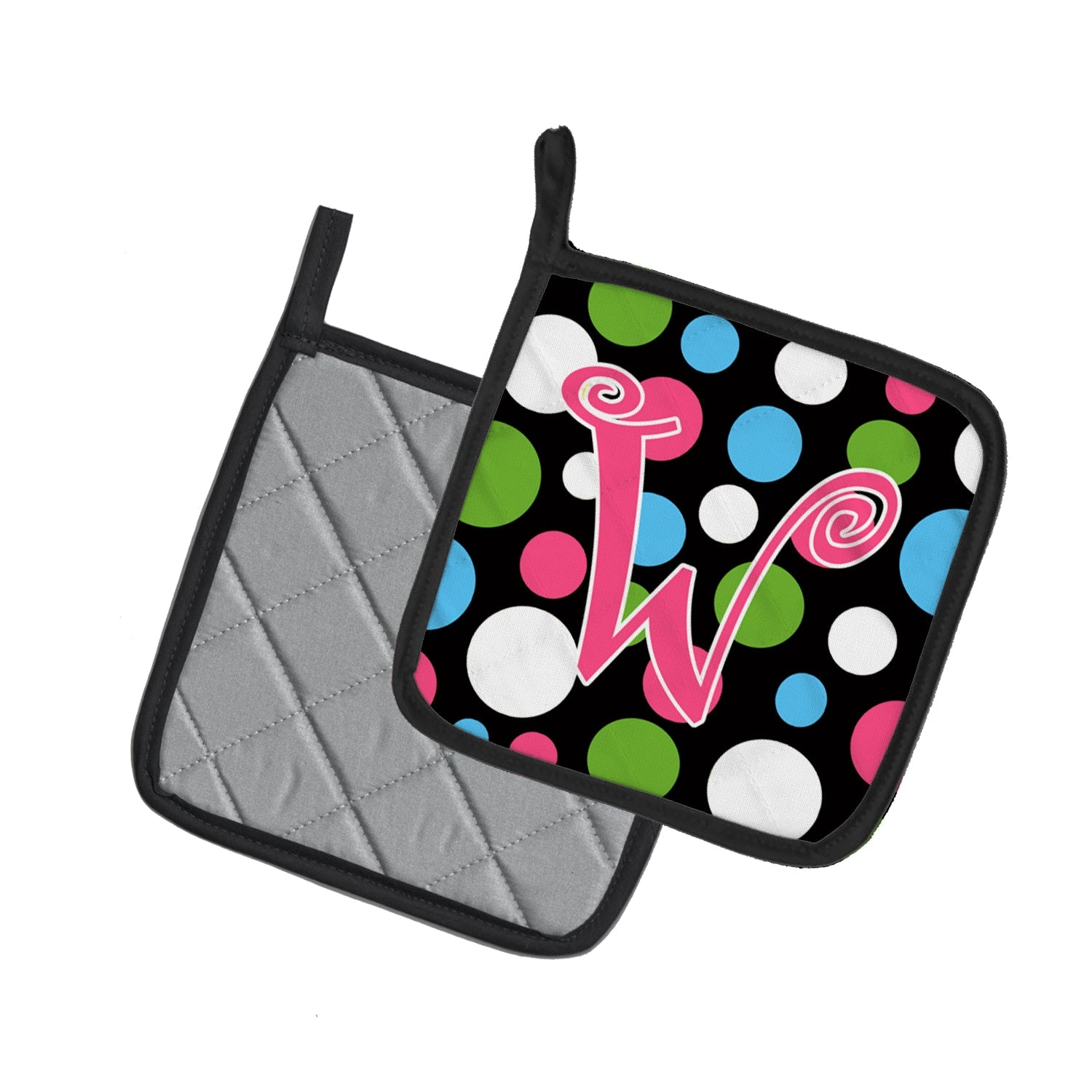 Letter W Initial Monogram - Polkadots and Pink Pot Holder Set of 2 Heat Resistant Quilted Hot Pads 7.5 x 7.5 Inch, Insulated Kitchen Trivets for Cooking & Baking