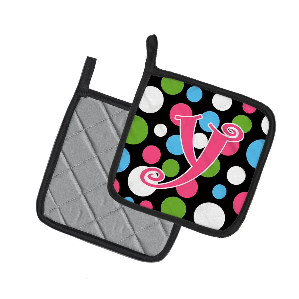 Letter Y Initial Monogram - Polkadots and Pink Pot Holder Set of 2 Heat Resistant Quilted Hot Pads 7.5 x 7.5 Inch, Insulated Kitchen Trivets for Cooking & Baking