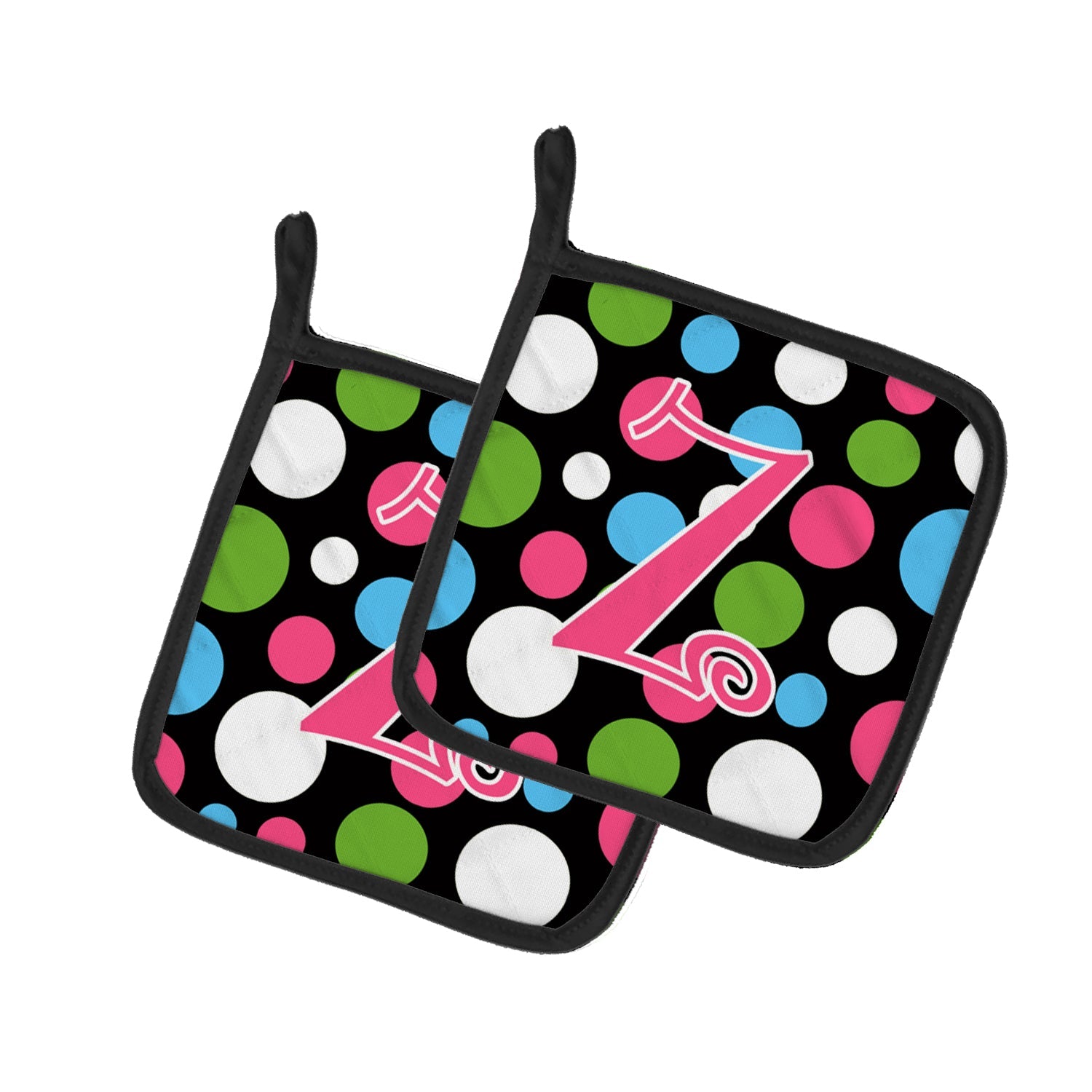 Letter Z Initial Monogram - Polkadots and Pink Pot Holder Set of 2 Heat Resistant Quilted Hot Pads 7.5 x 7.5 Inch, Insulated Kitchen Trivets for Cooking & Baking