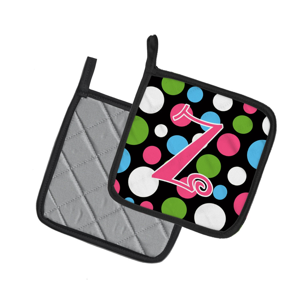 Letter Z Initial Monogram - Polkadots and Pink Pot Holder Set of 2 Heat Resistant Quilted Hot Pads 7.5 x 7.5 Inch, Insulated Kitchen Trivets for Cooking & Baking
