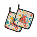 Letter A Retro Teal Orange Musical Instruments Initial Pot Holder Set of 2 Heat Resistant Quilted Hot Pads 7.5 x 7.5 Inch, Insulated Kitchen Trivets for Cooking & Baking