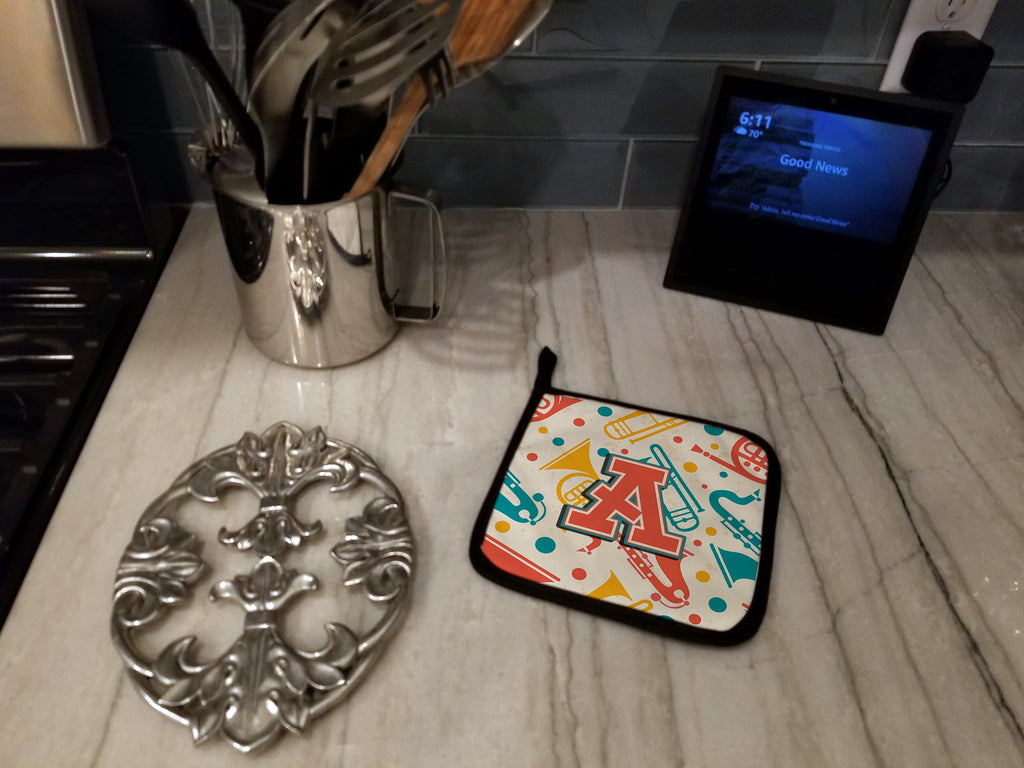 Letter A Retro Teal Orange Musical Instruments Initial Pot Holder Set of 2 Heat Resistant Quilted Hot Pads 7.5 x 7.5 Inch, Insulated Kitchen Trivets for Cooking & Baking