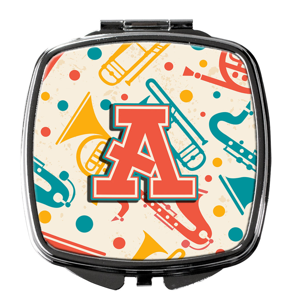 Letter A Retro Teal Orange Musical Instruments Initial Compact Mirror Decorative Travel Makeup Mirror for Women Girls Gifts Pocket Makeup Mirror Folding Handheld