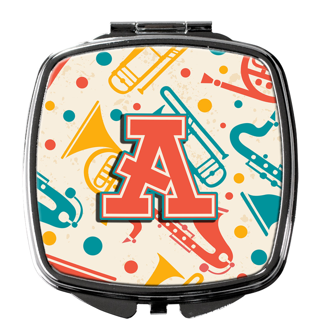 Letter A Retro Teal Orange Musical Instruments Initial Compact Mirror Decorative Travel Makeup Mirror for Women Girls Gifts Pocket Makeup Mirror Folding Handheld
