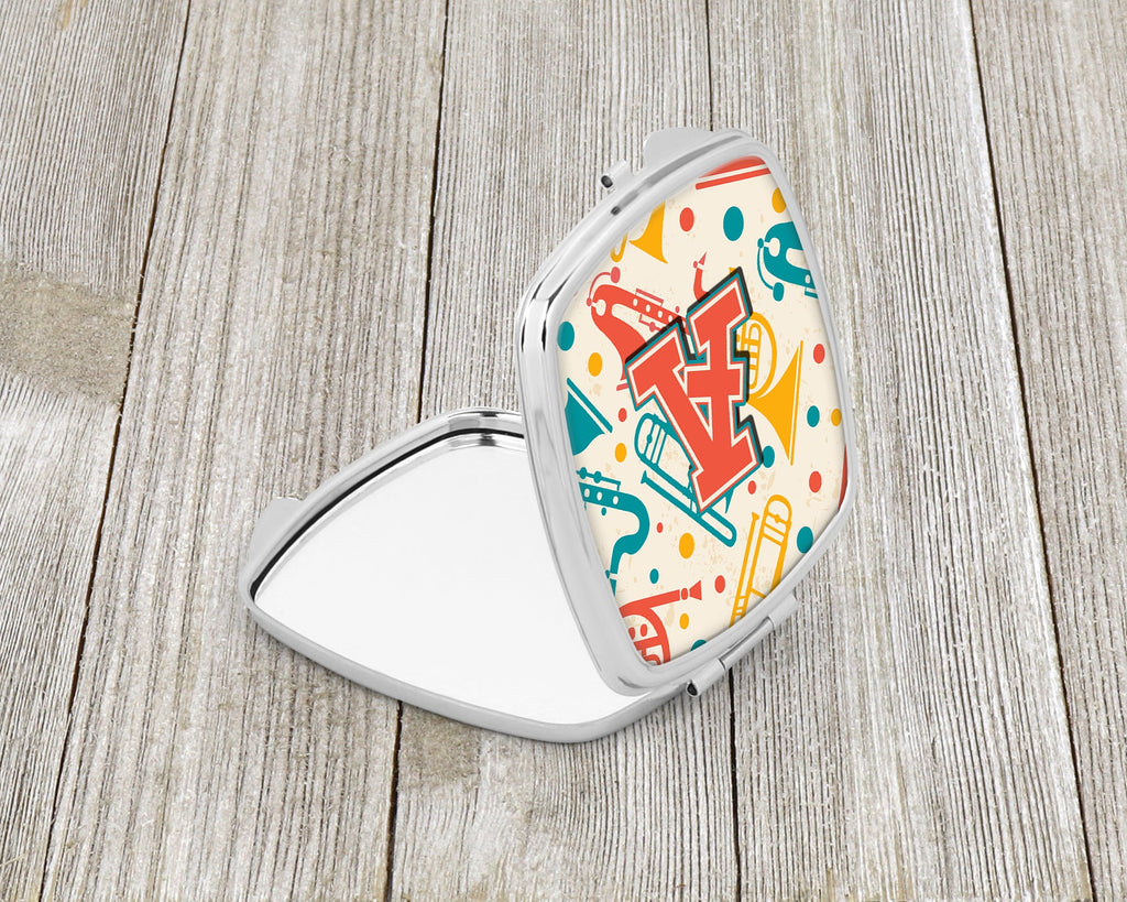 Letter A Retro Teal Orange Musical Instruments Initial Compact Mirror Decorative Travel Makeup Mirror for Women Girls Gifts Pocket Makeup Mirror Folding Handheld