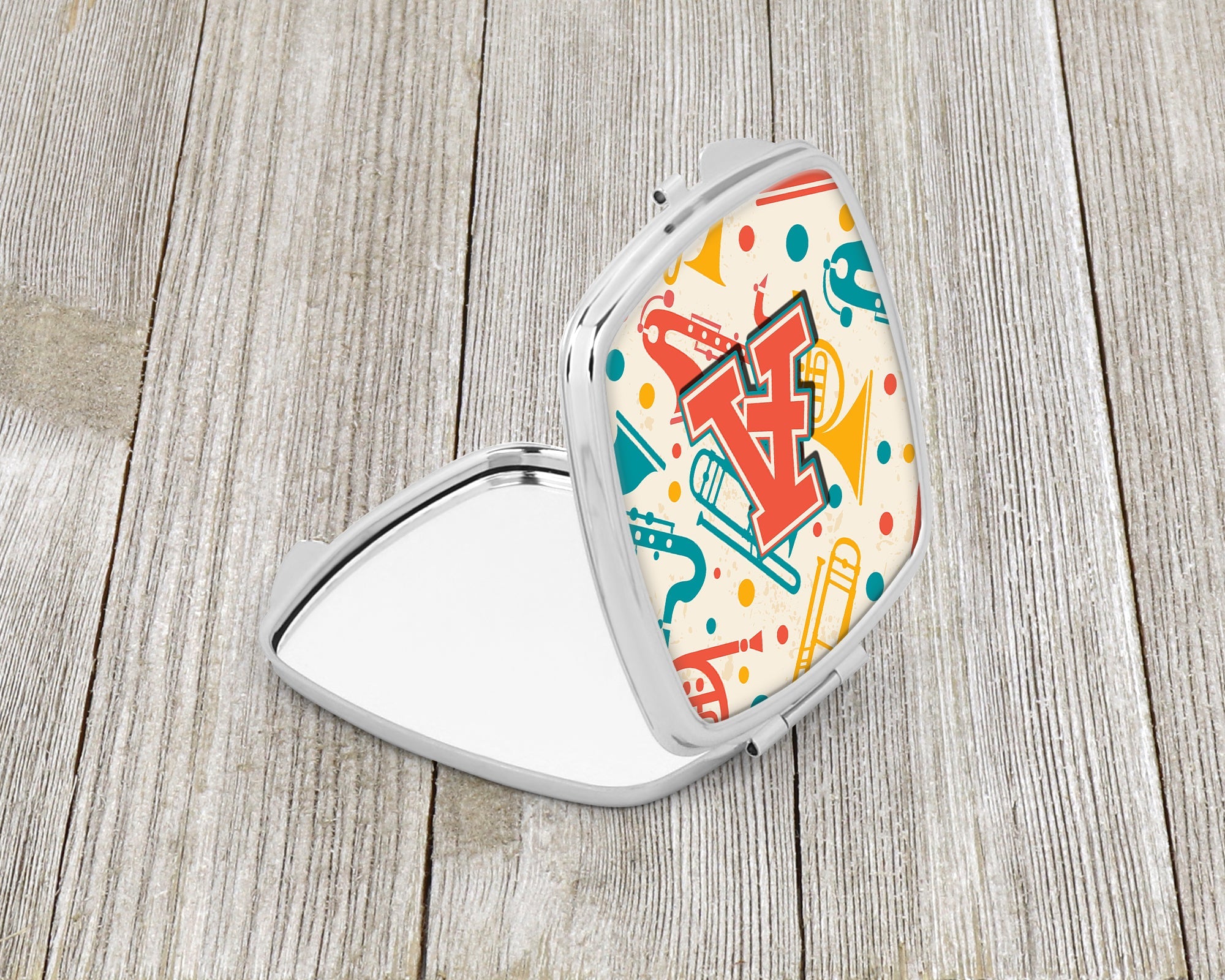 Letter A Retro Teal Orange Musical Instruments Initial Compact Mirror Decorative Travel Makeup Mirror for Women Girls Gifts Pocket Makeup Mirror Folding Handheld