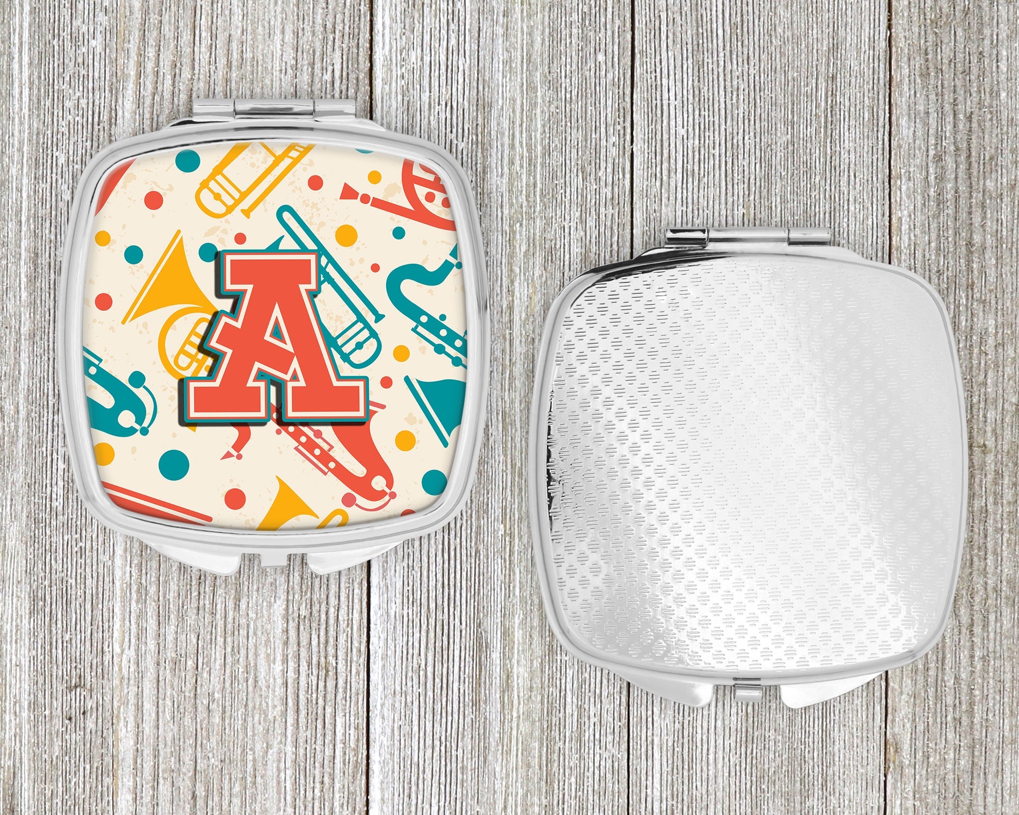 Letter A Retro Teal Orange Musical Instruments Initial Compact Mirror Decorative Travel Makeup Mirror for Women Girls Gifts Pocket Makeup Mirror Folding Handheld