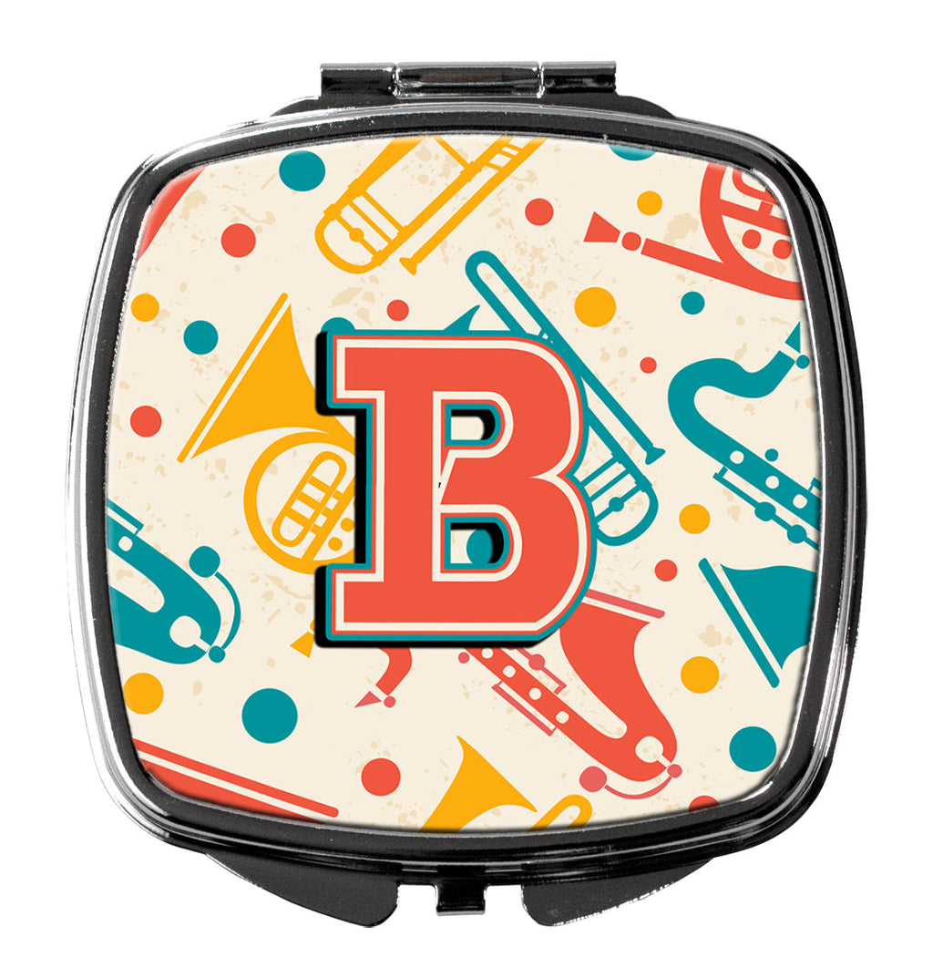 Letter B Retro Teal Orange Musical Instruments Initial Compact Mirror Decorative Travel Makeup Mirror for Women Girls Gifts Pocket Makeup Mirror Folding Handheld