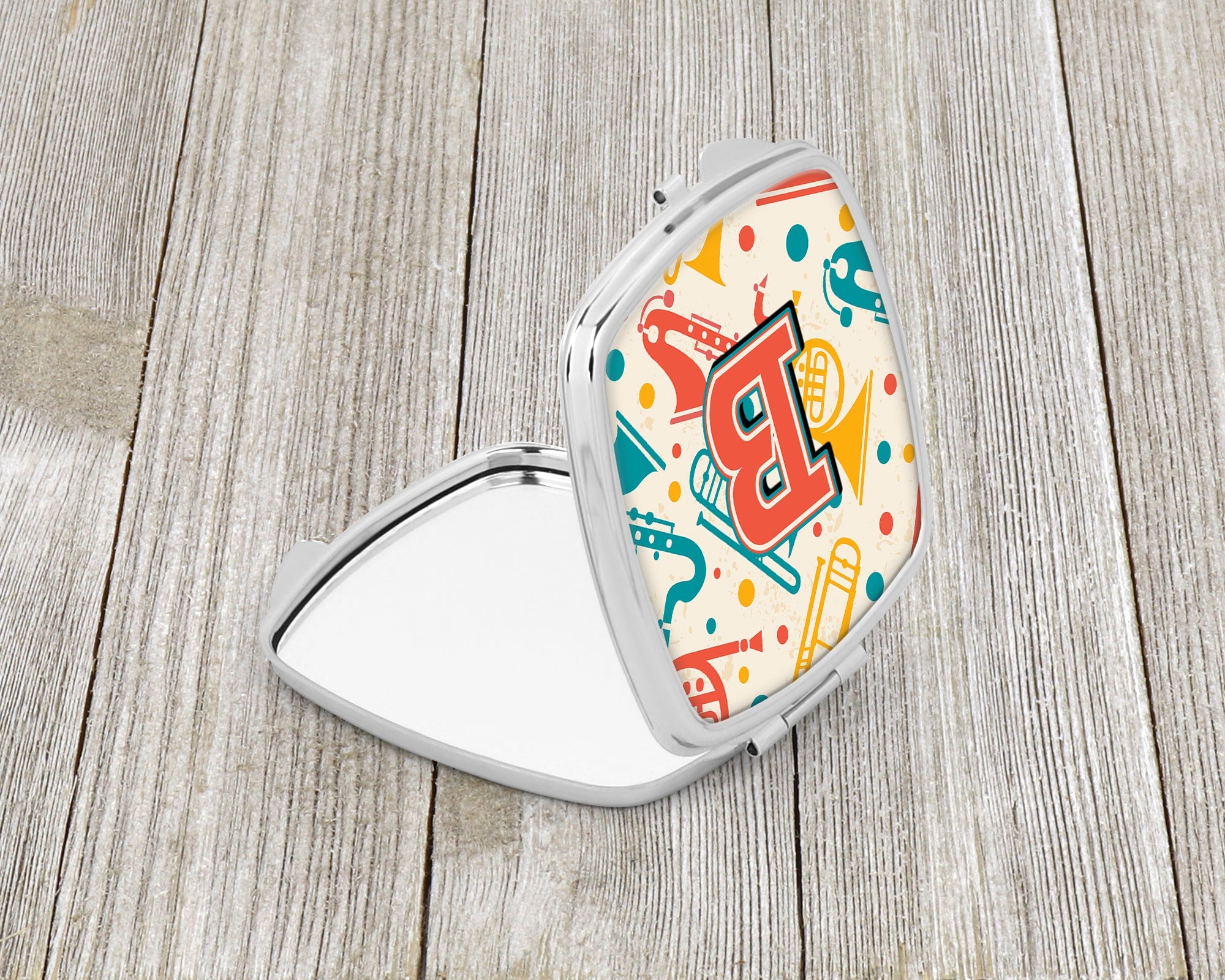 Letter B Retro Teal Orange Musical Instruments Initial Compact Mirror Decorative Travel Makeup Mirror for Women Girls Gifts Pocket Makeup Mirror Folding Handheld