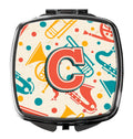 Letter C Retro Teal Orange Musical Instruments Initial Compact Mirror Decorative Travel Makeup Mirror for Women Girls Gifts Pocket Makeup Mirror Folding Handheld