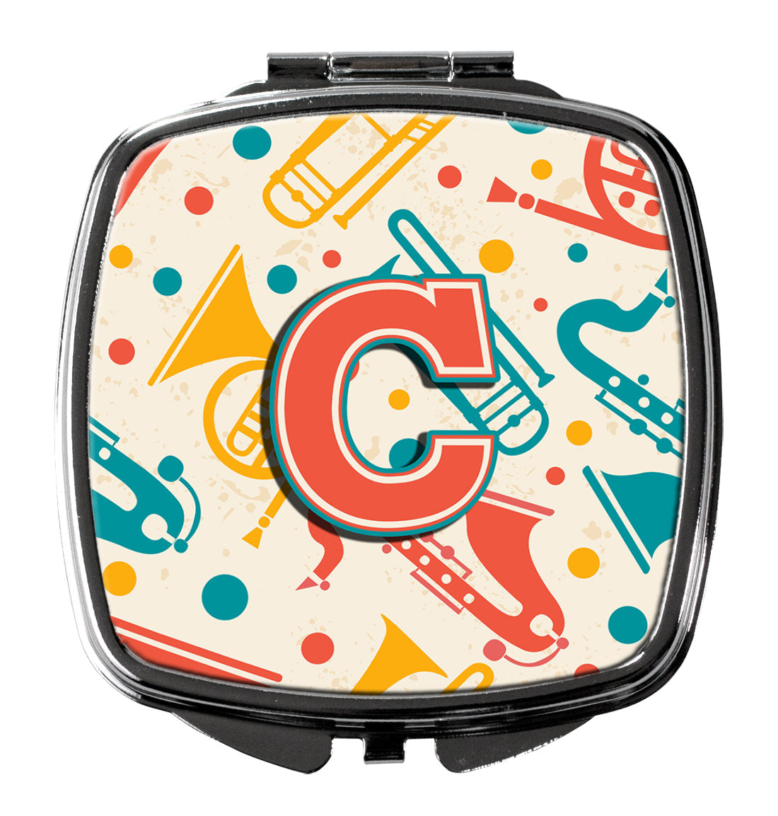 Letter C Retro Teal Orange Musical Instruments Initial Compact Mirror Decorative Travel Makeup Mirror for Women Girls Gifts Pocket Makeup Mirror Folding Handheld