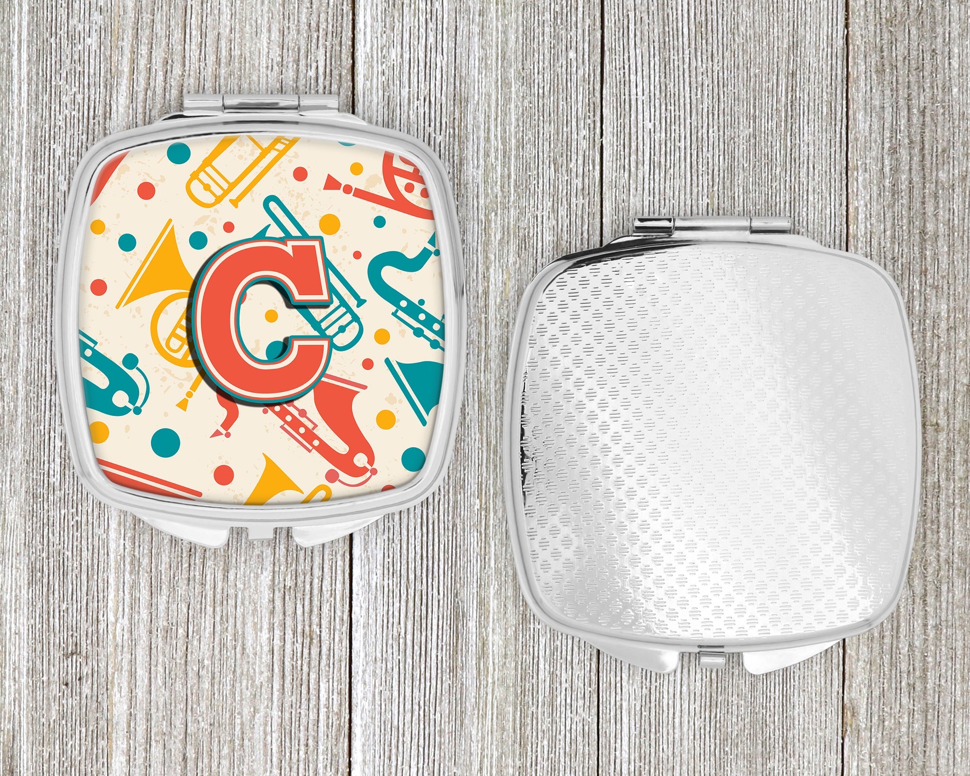 Letter C Retro Teal Orange Musical Instruments Initial Compact Mirror Decorative Travel Makeup Mirror for Women Girls Gifts Pocket Makeup Mirror Folding Handheld