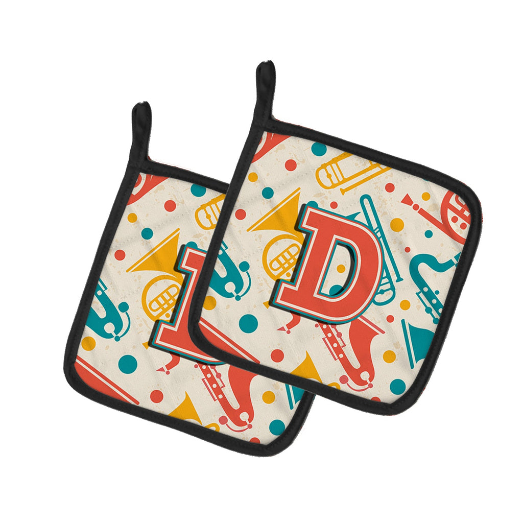 Letter D Retro Teal Orange Musical Instruments Initial Pot Holder Set of 2 Heat Resistant Quilted Hot Pads 7.5 x 7.5 Inch, Insulated Kitchen Trivets for Cooking & Baking