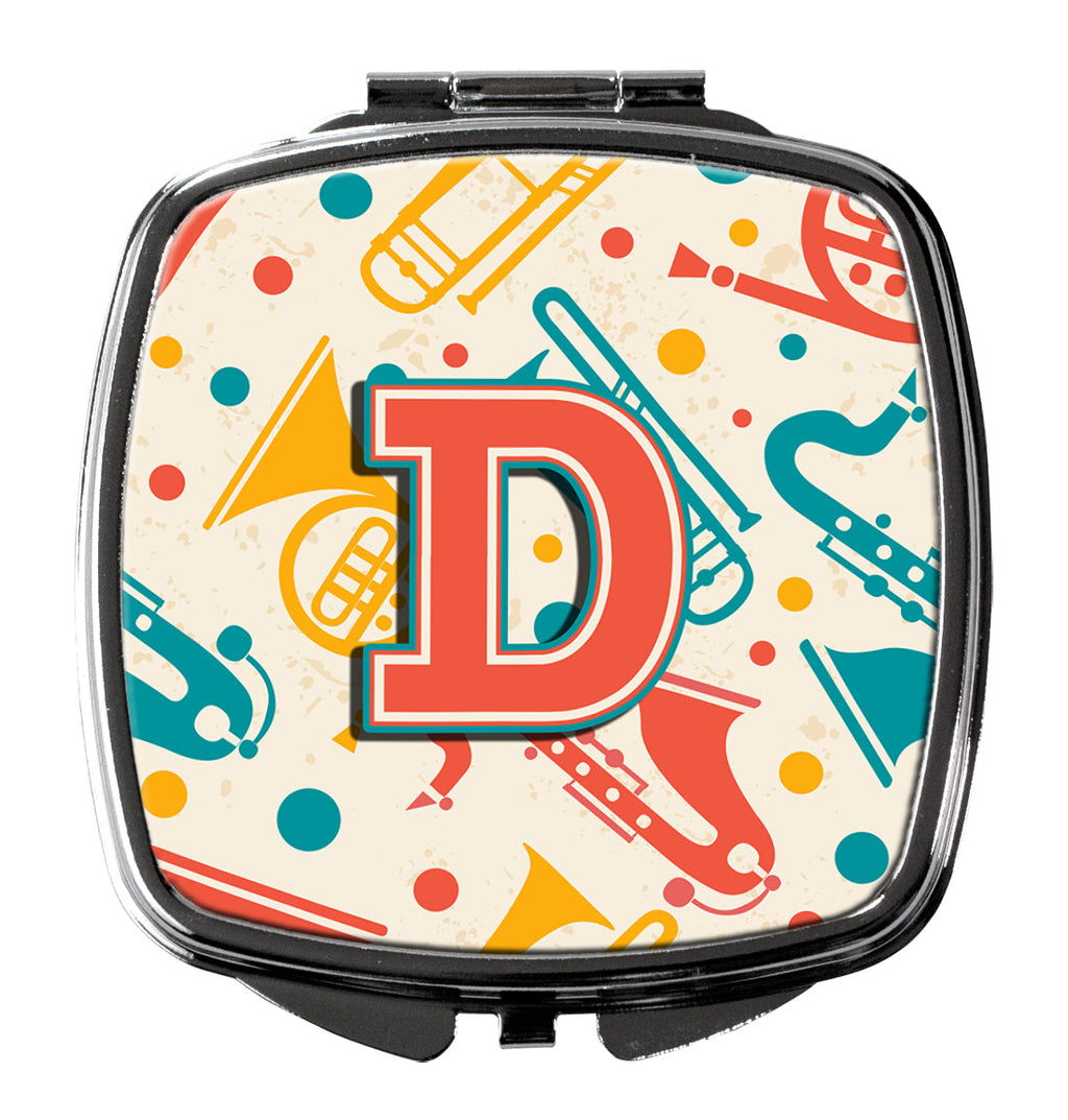 Letter D Retro Teal Orange Musical Instruments Initial Compact Mirror Decorative Travel Makeup Mirror for Women Girls Gifts Pocket Makeup Mirror Folding Handheld