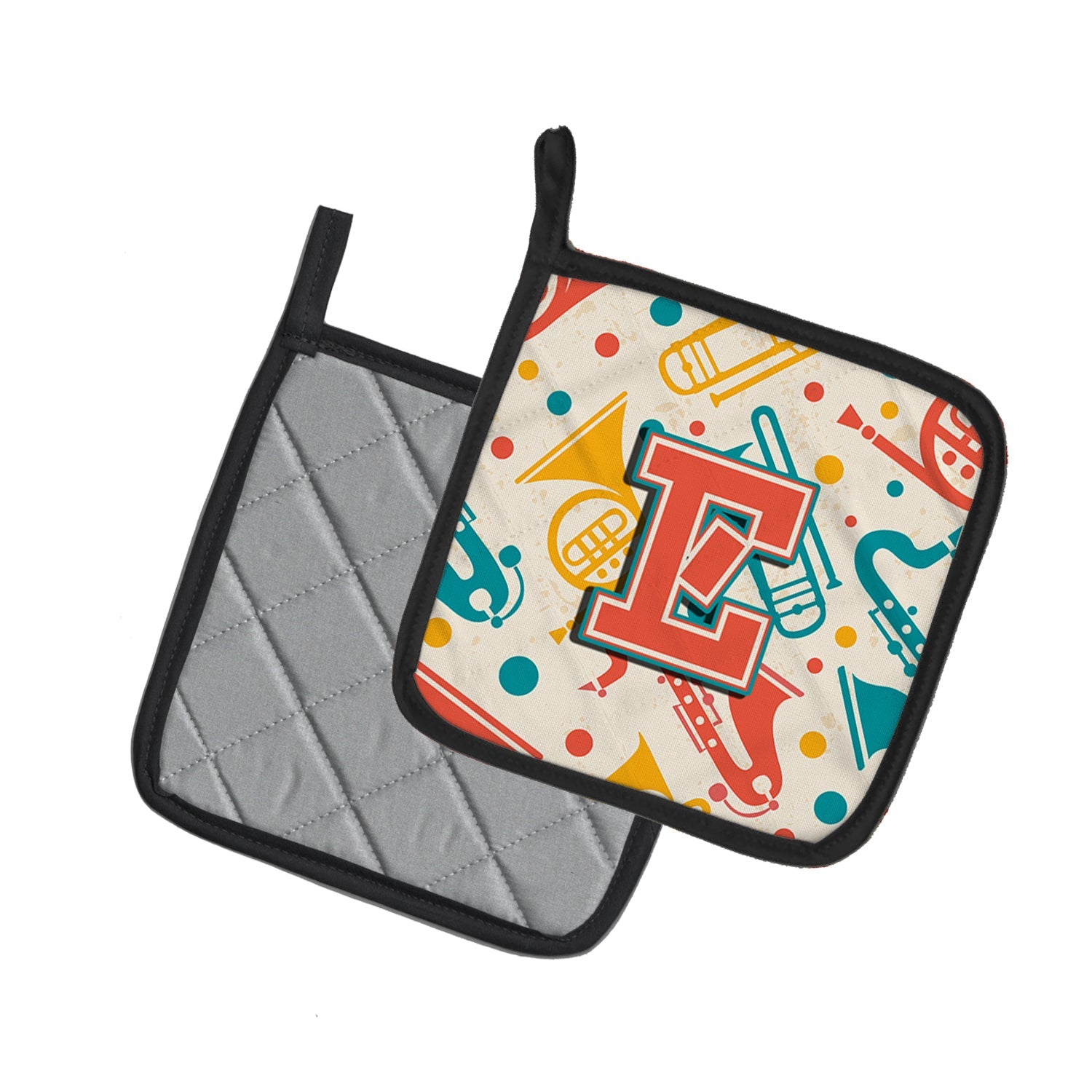 Letter E Retro Teal Orange Musical Instruments Initial Pot Holder Set of 2 Heat Resistant Quilted Hot Pads 7.5 x 7.5 Inch, Insulated Kitchen Trivets for Cooking & Baking