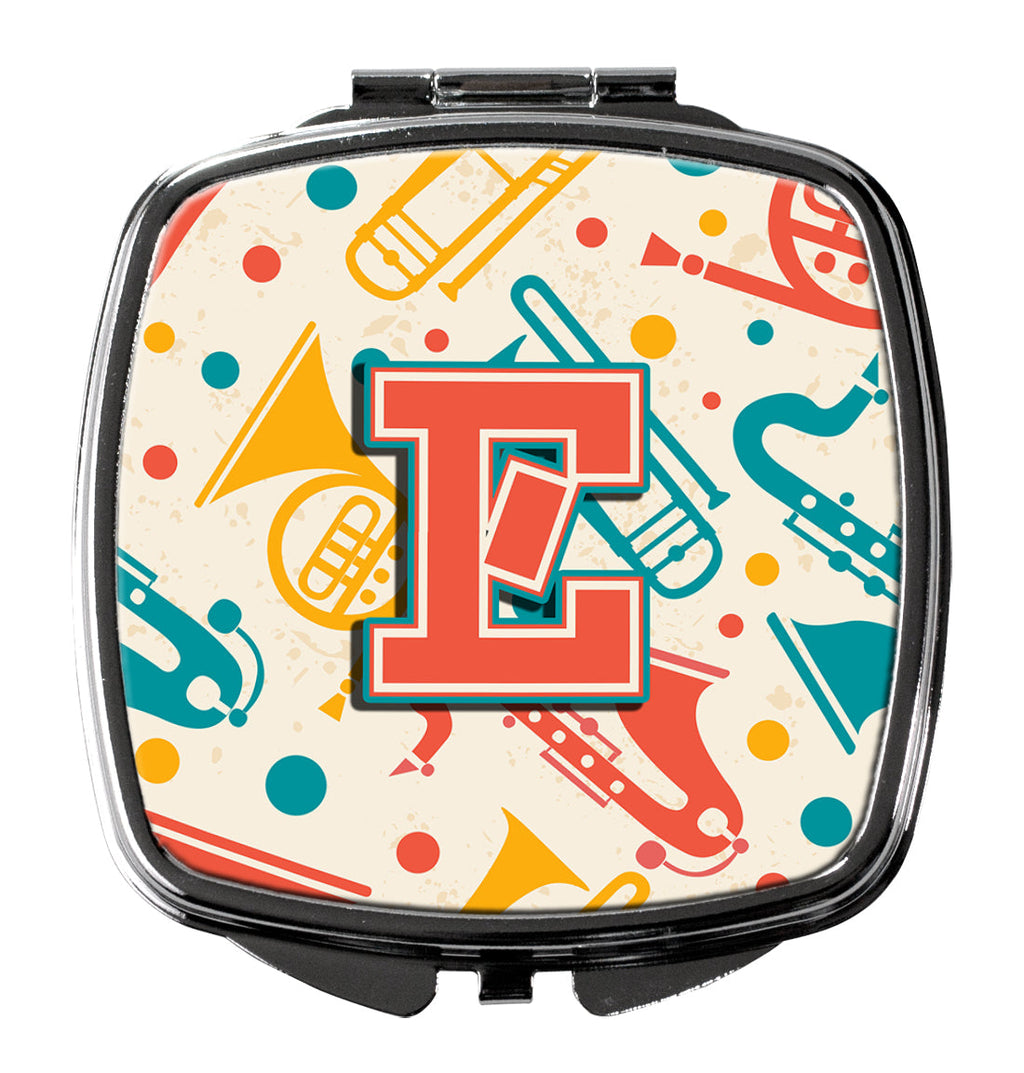 Letter E Retro Teal Orange Musical Instruments Initial Compact Mirror Decorative Travel Makeup Mirror for Women Girls Gifts Pocket Makeup Mirror Folding Handheld