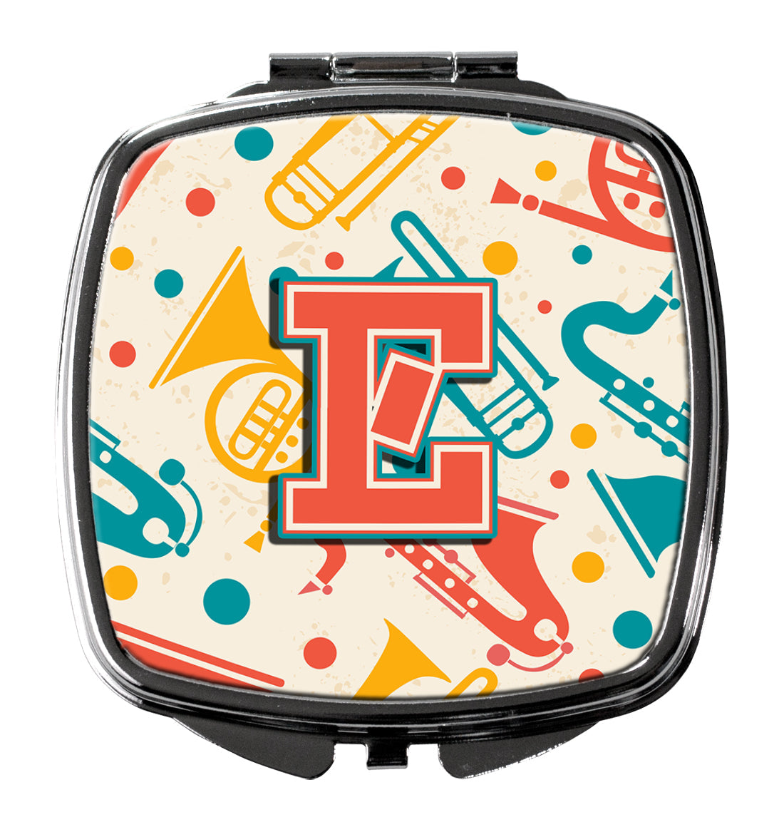 Letter E Retro Teal Orange Musical Instruments Initial Compact Mirror Decorative Travel Makeup Mirror for Women Girls Gifts Pocket Makeup Mirror Folding Handheld