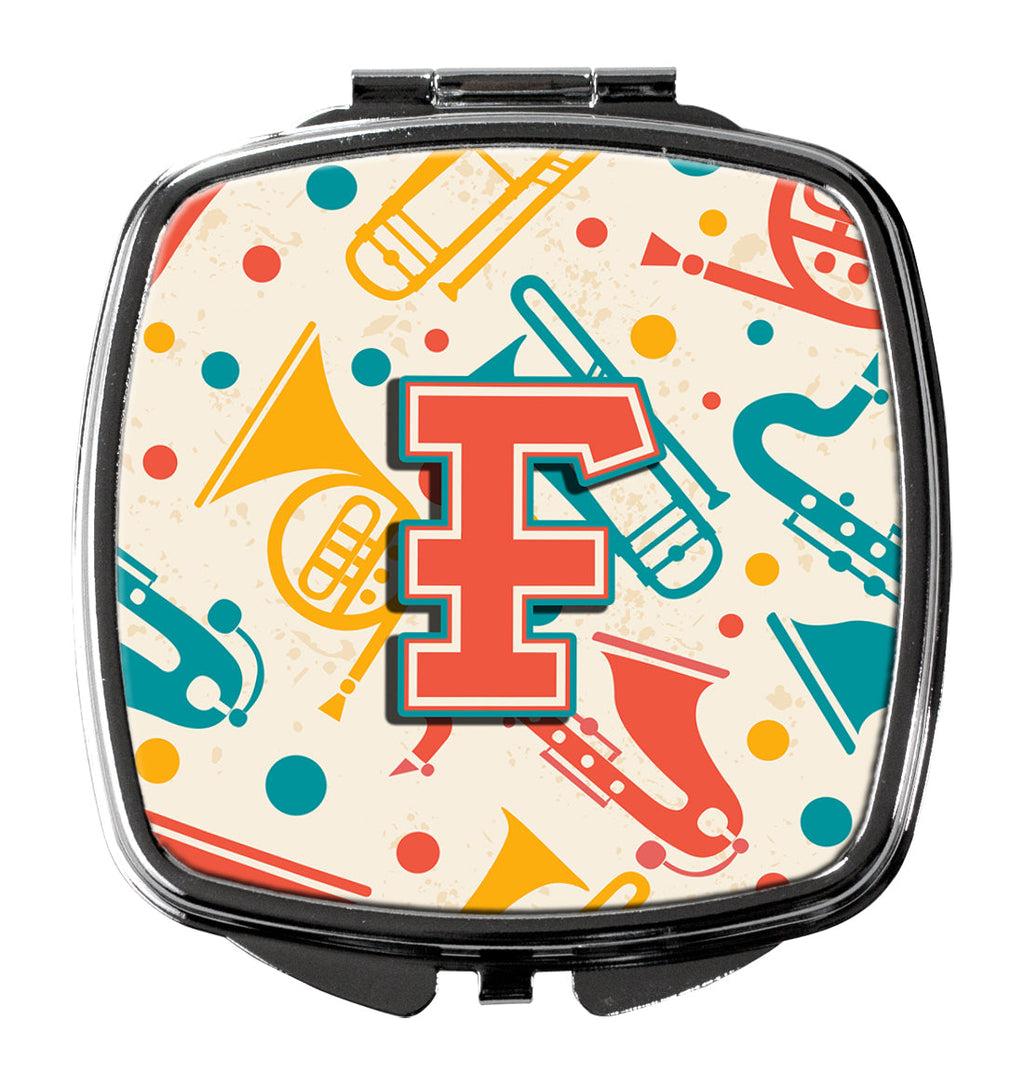 Letter F Retro Teal Orange Musical Instruments Initial Compact Mirror Decorative Travel Makeup Mirror for Women Girls Gifts Pocket Makeup Mirror Folding Handheld